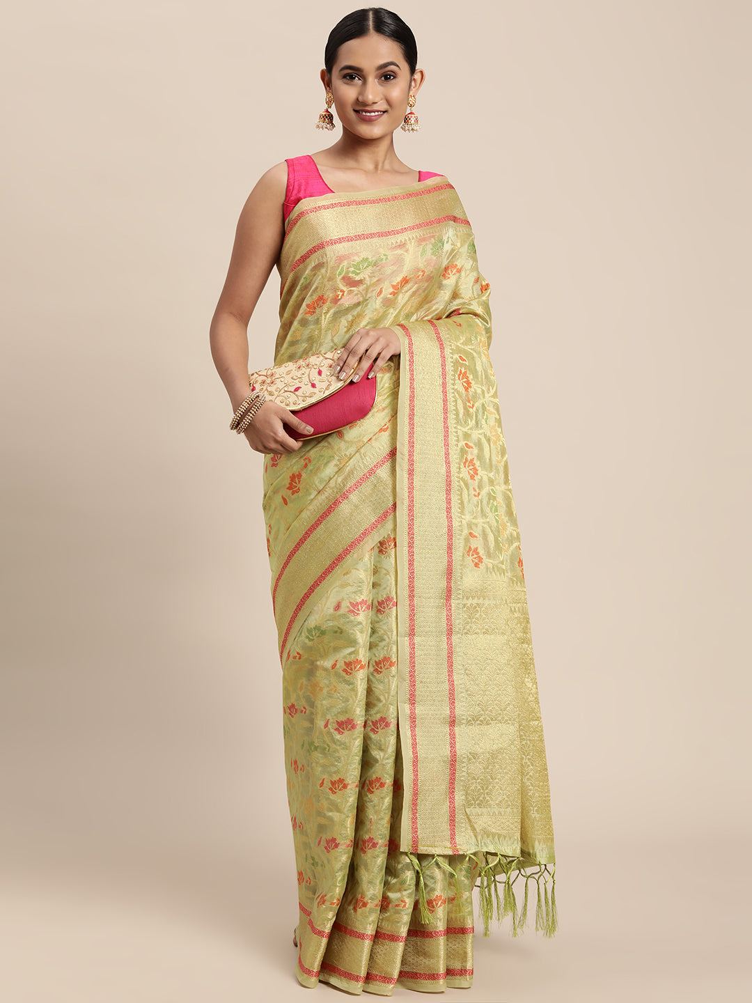 Dhiyona GR Women's Gulmohar Pista Green Organza Saree