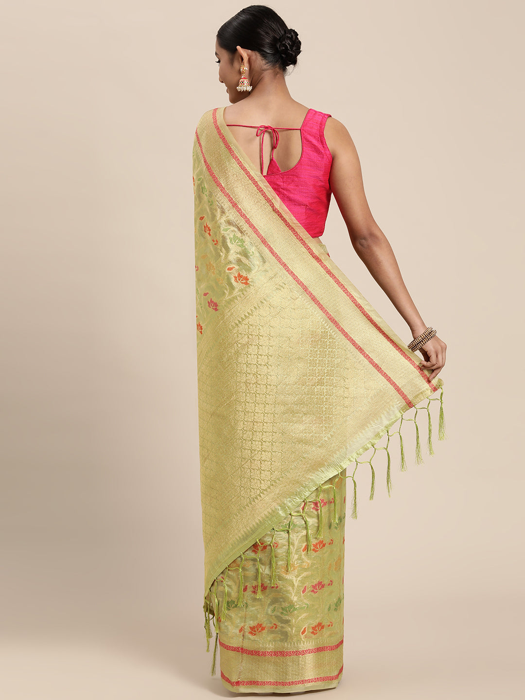 Dhiyona GR Women's Gulmohar Pista Green Organza Saree
