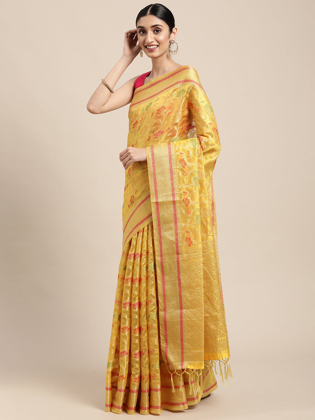 Dhiyona GR Women's Gulmohar Corn Yellow Organza Saree