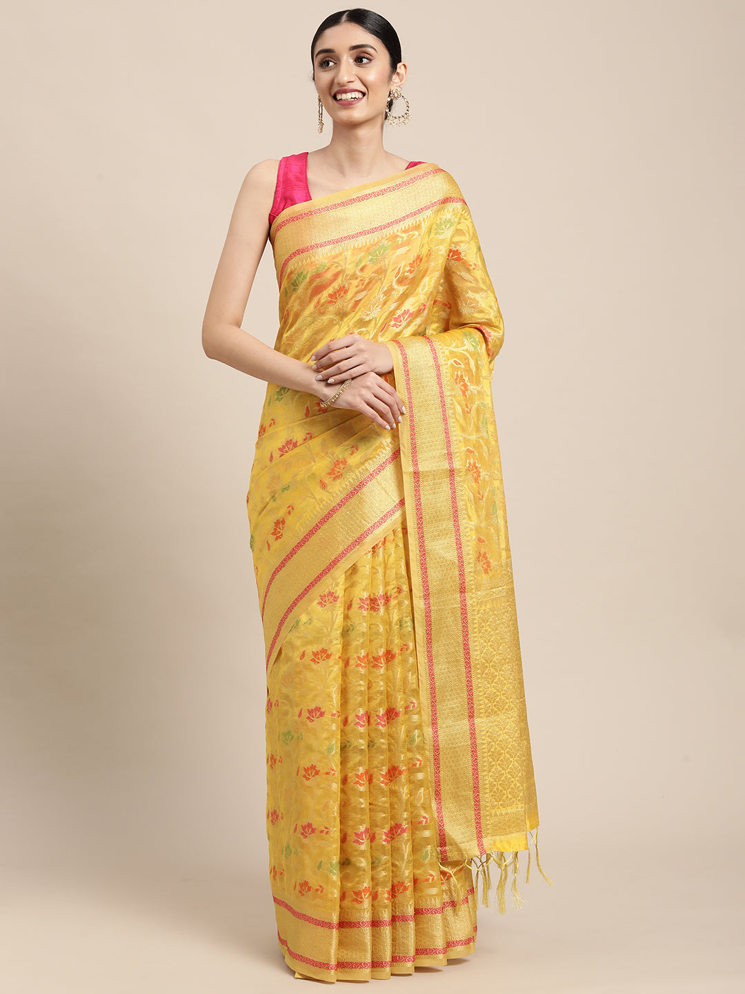 Dhiyona GR Women's Gulmohar Corn Yellow Organza Saree