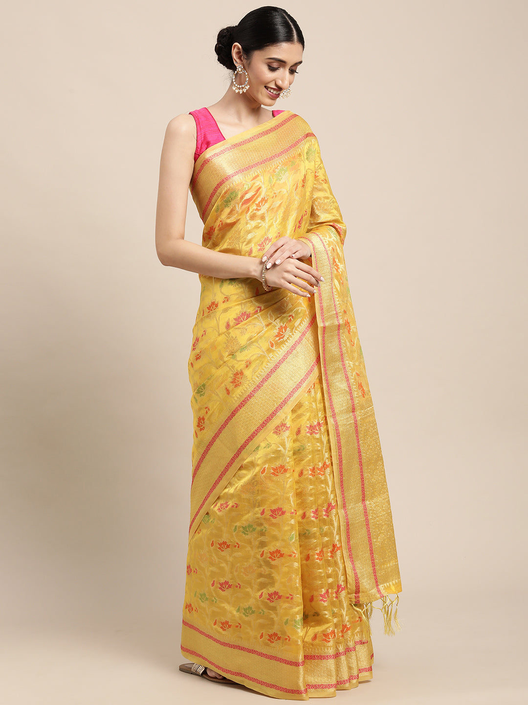 Dhiyona GR Women's Gulmohar Corn Yellow Organza Saree