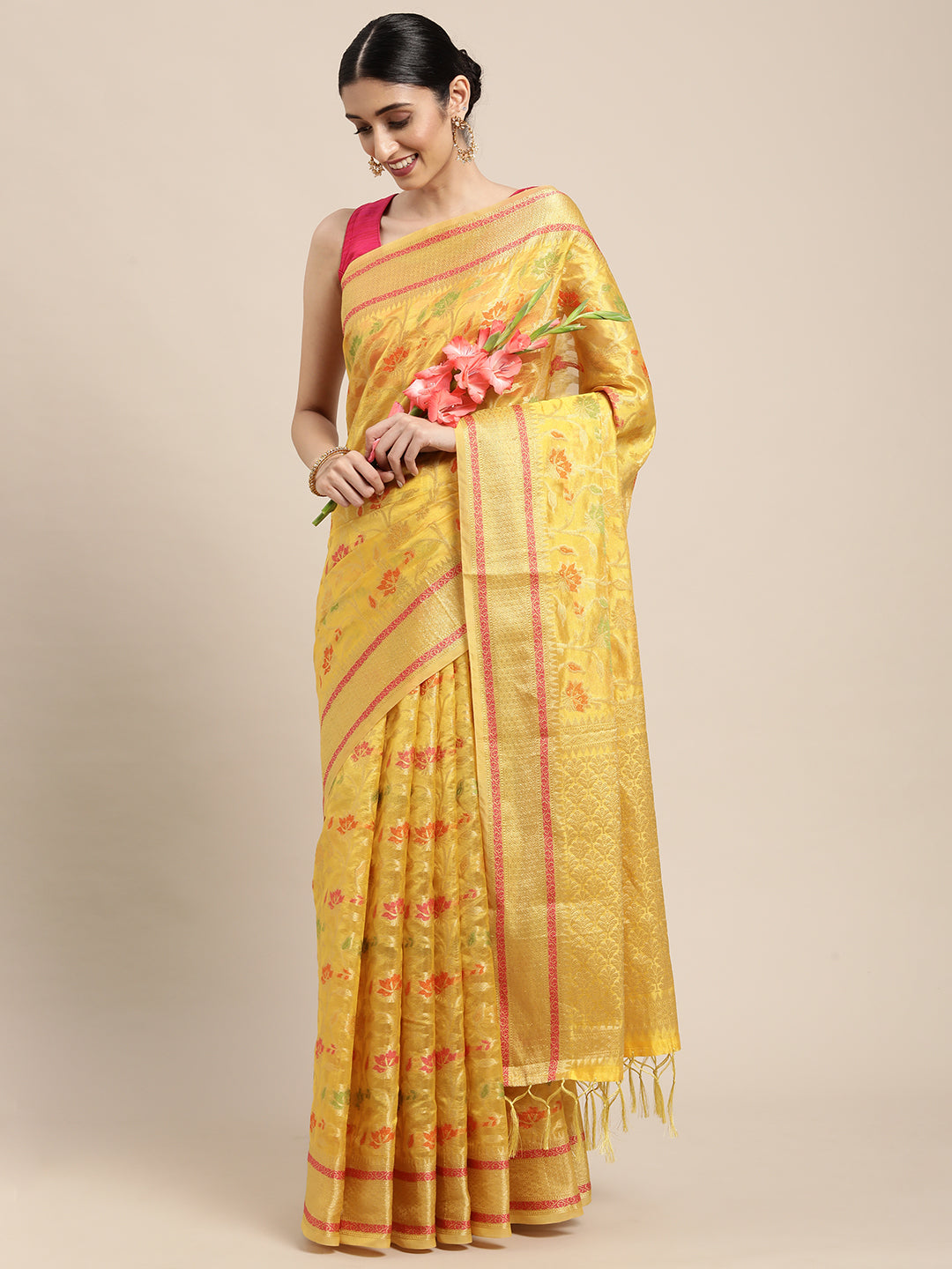 Dhiyona GR Women's Gulmohar Corn Yellow Organza Saree