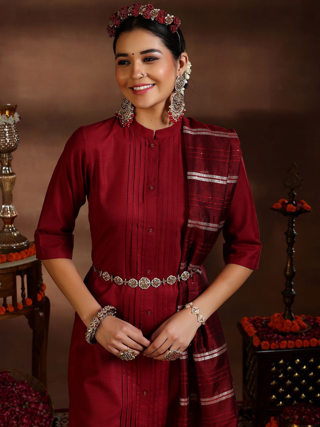 Dhiyona LB Women's Pleated Kurta with Trousers & Dupatta