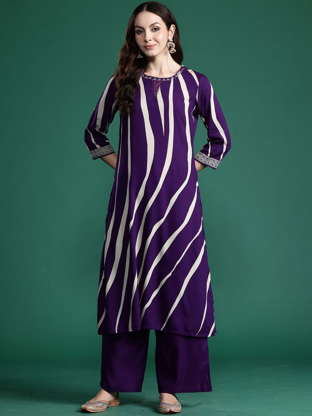 Printed Round Neck Straight Beads And Stones Kurta With Palazzos