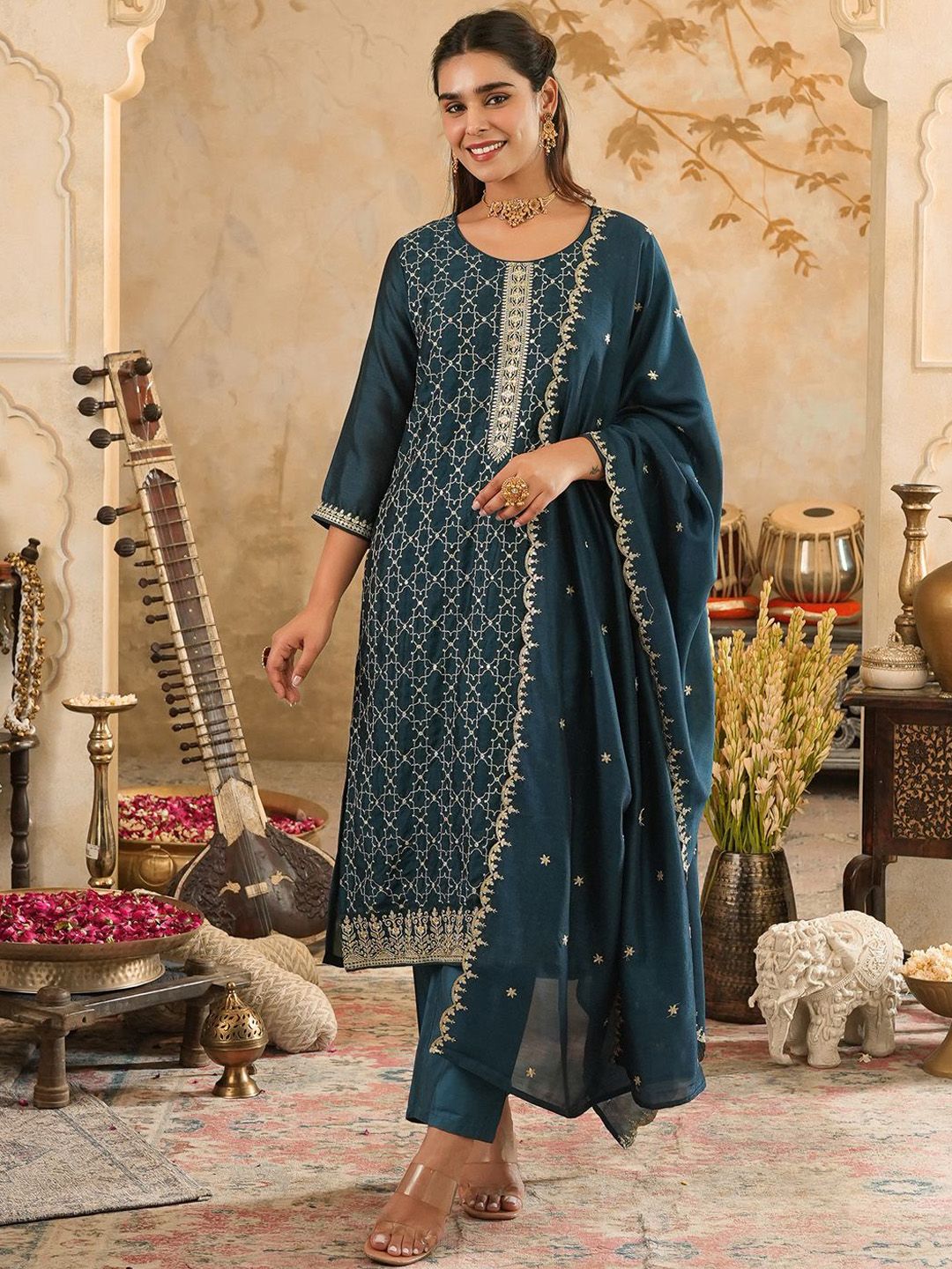 Dhiyona IE Women's Women Ethnic Motifs Embroidered Kurta with Trousers & Dupatta