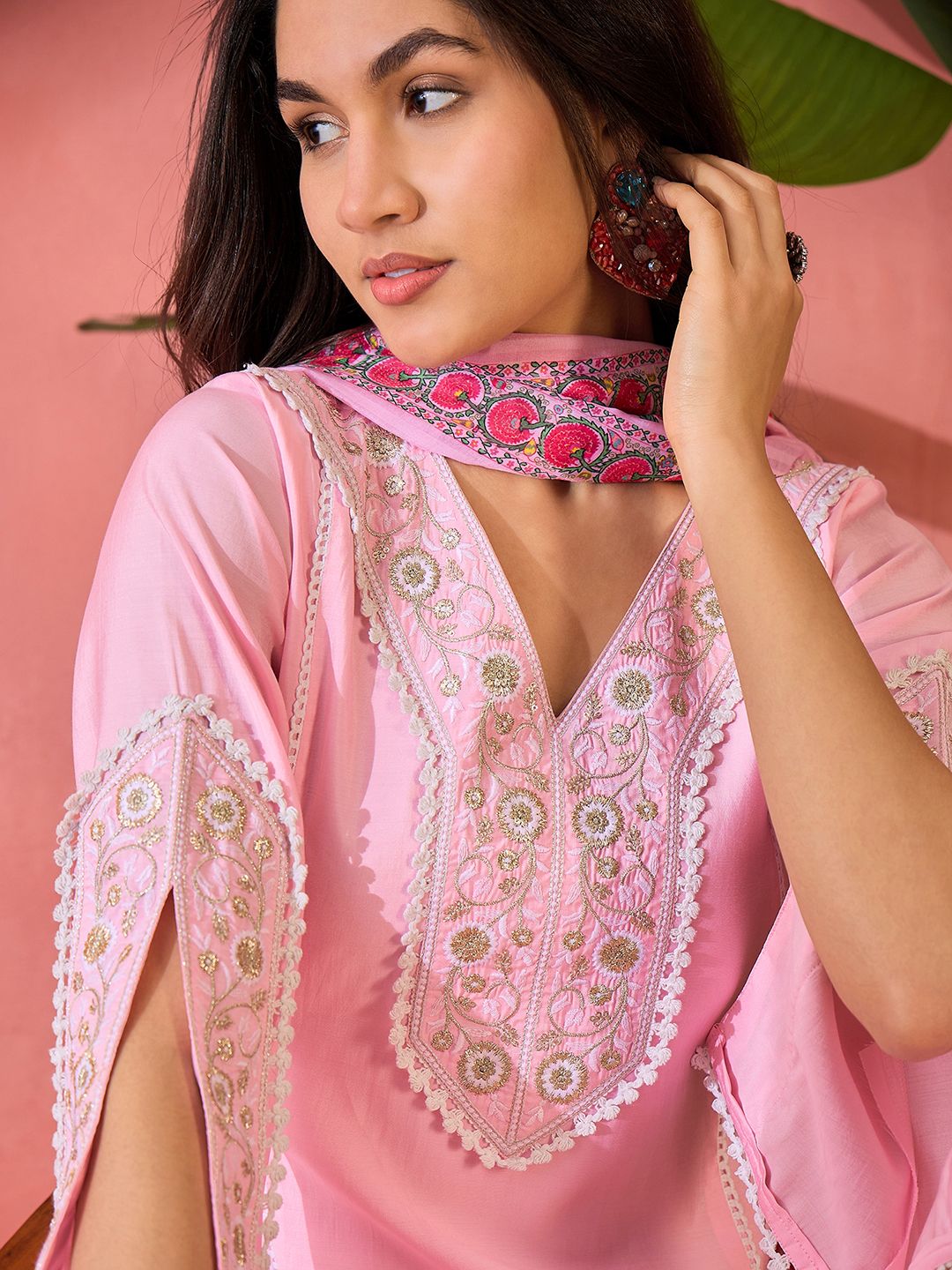Dhiyona SN Women's Pink Floral Embroidered V-Neck Sequinned Straight Kurta With Trousers And Dupatta