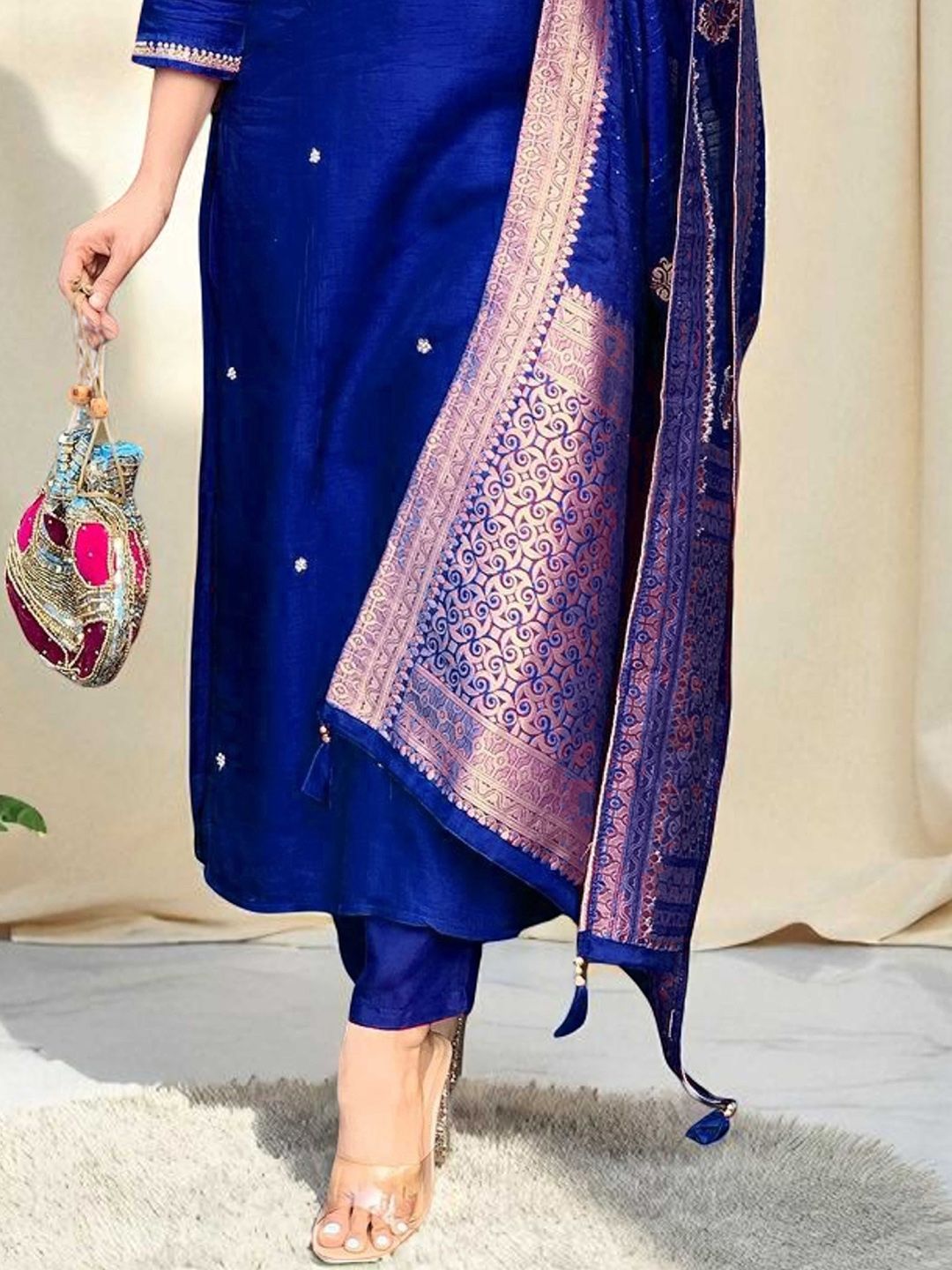 Dhiyona SN Women's Embroidered Pure Cotton Straight Kurta Trousers & Dupatta