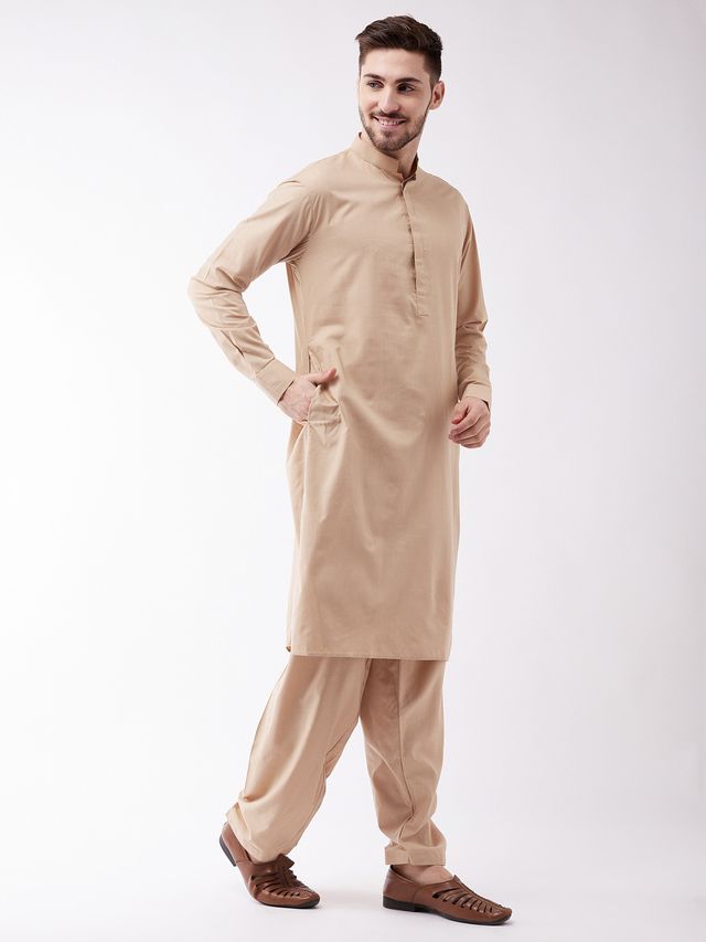 Men's Chiku Cotton Blend Pathani Kurta and Patiala Set