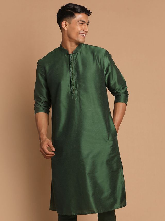 Men's Green Cotton Blend Straight Kurta