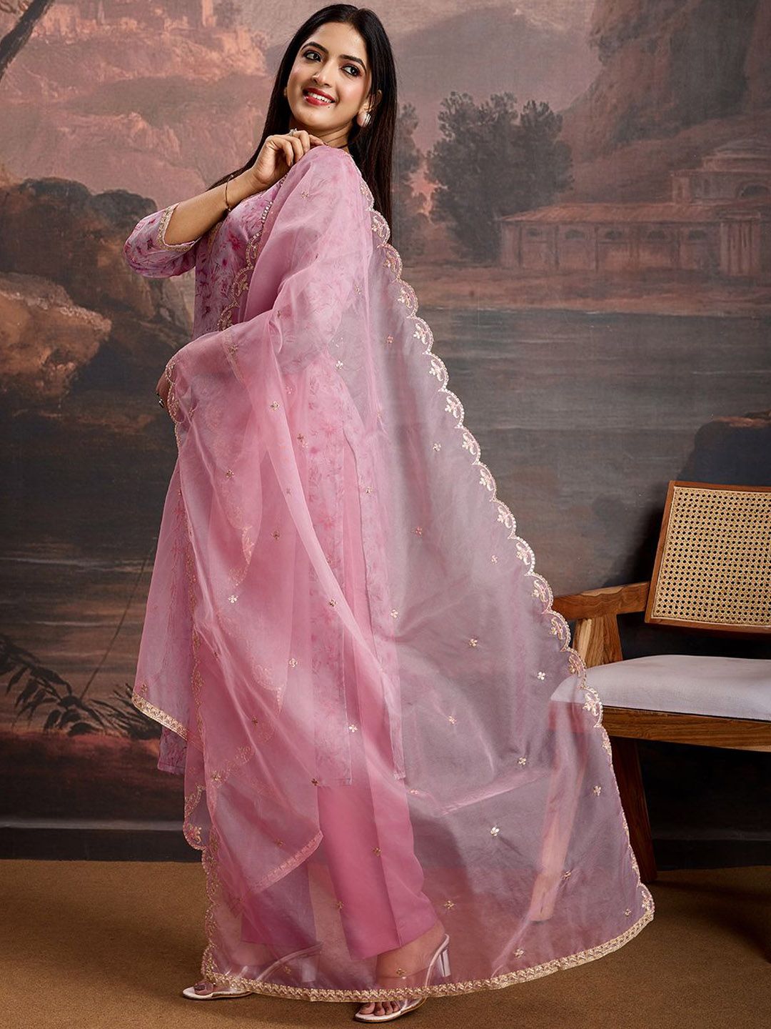 Dhiyona PD Women Floral Printed & Embroidered Organza Kurta & Trousers with Net Dupatta
