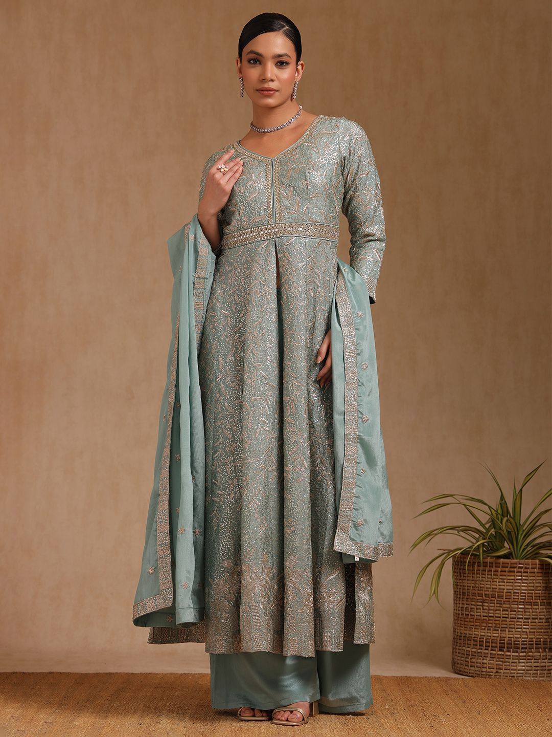 Dhiyona SO Women's Floral Embroidered V-Neck Empire Sequinned Anarkali Kurta With Palazzo & Dupatta