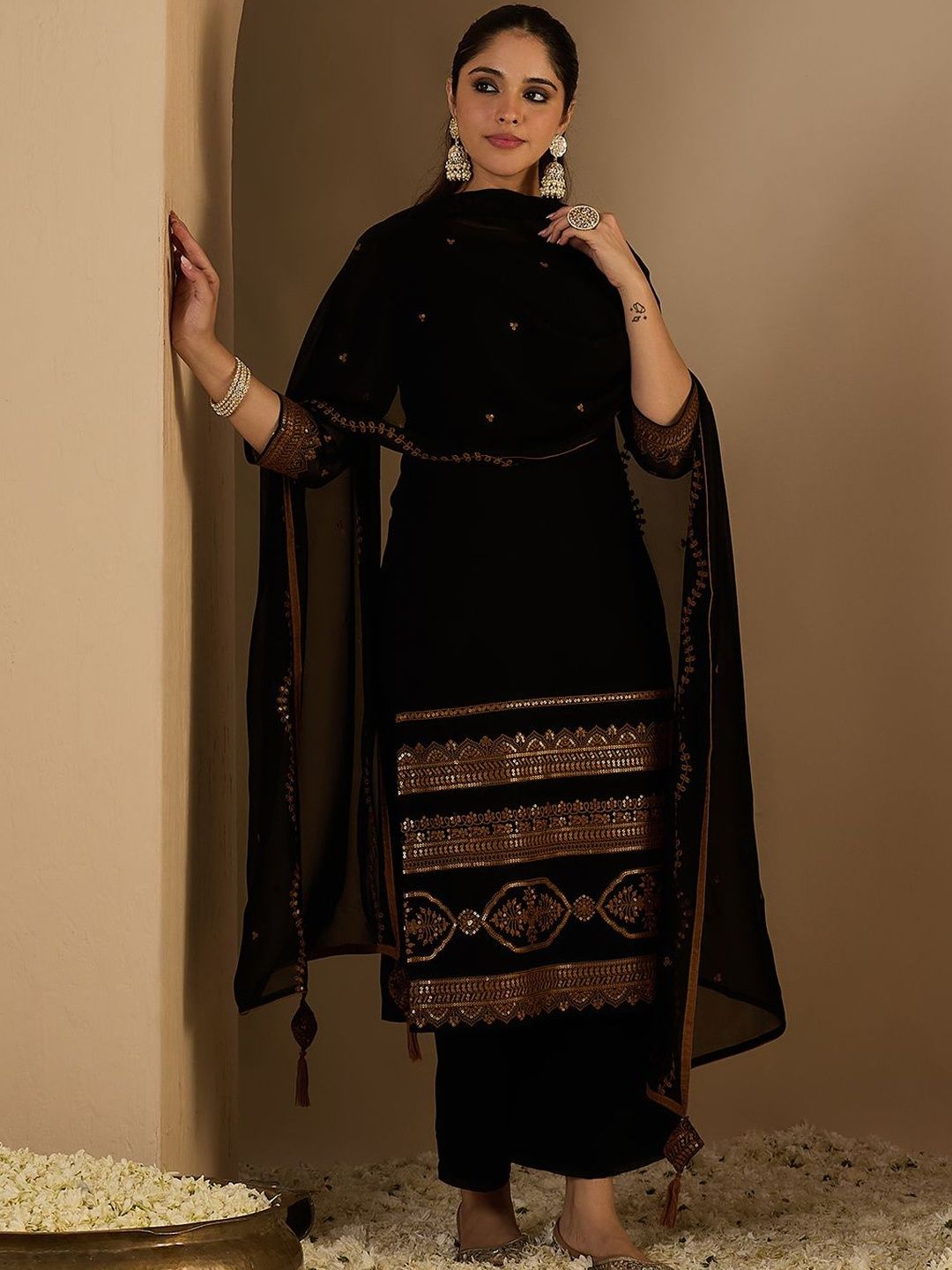 Women Ethnic Motifs Embroidered Kurta with Trousers & With Dupatta