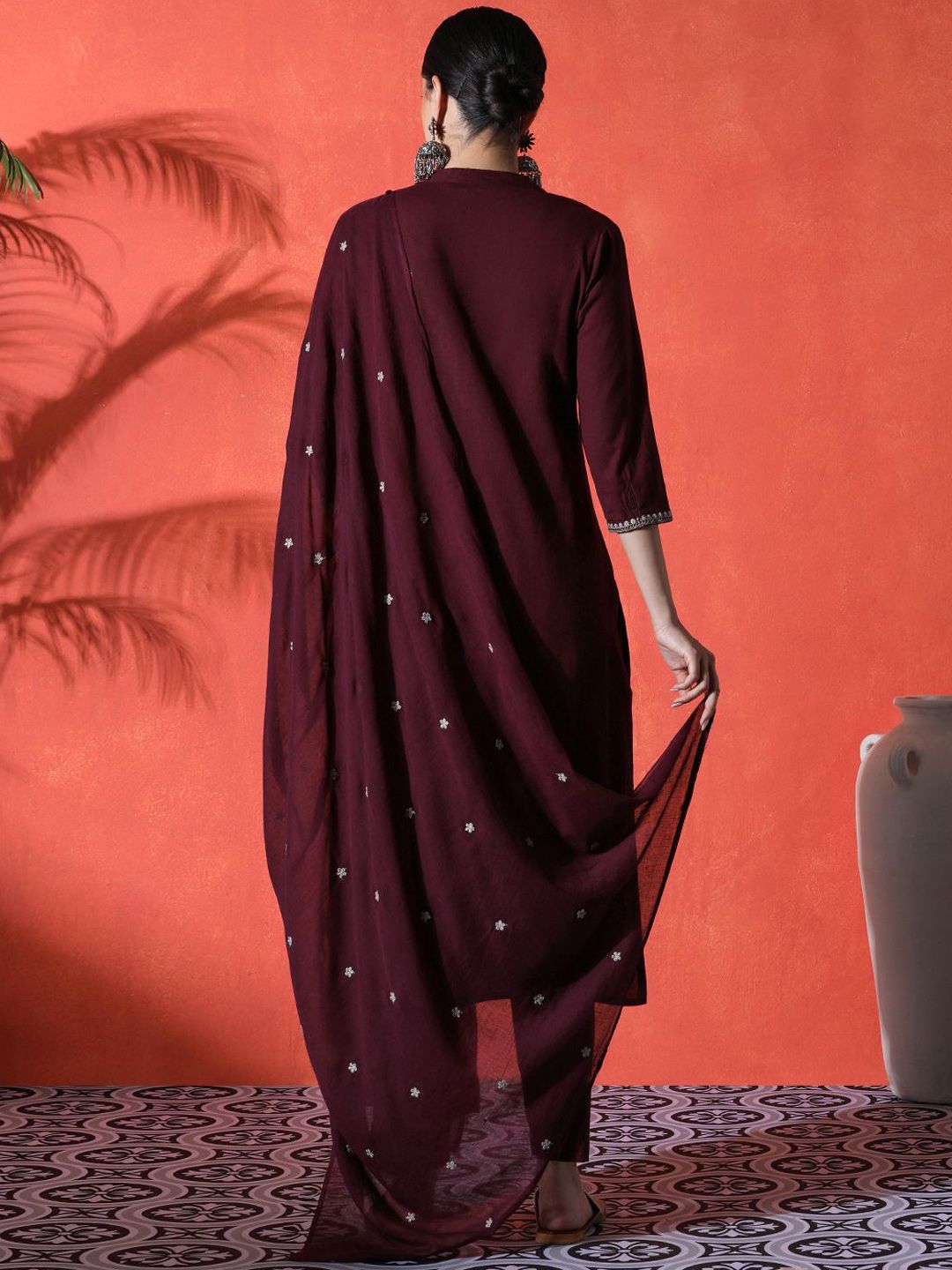 Dhiyona SN Women's Floral Embroidered Notch Neck A-Line Kurta & Trousers With Dupatta