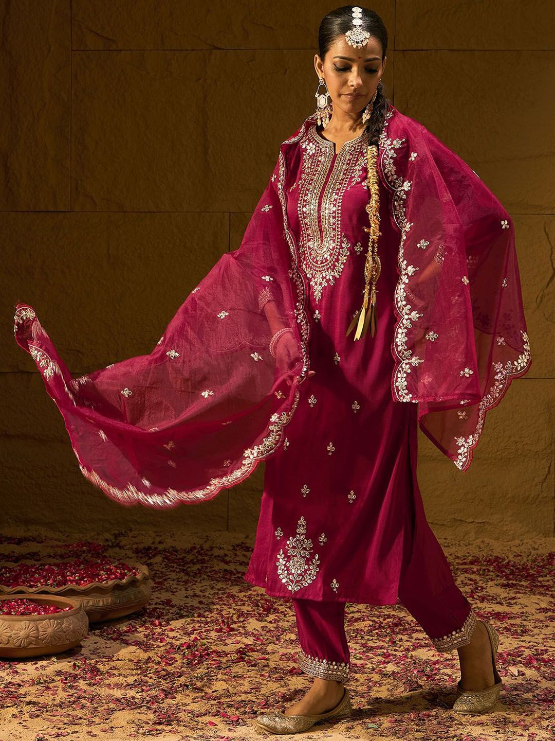 Dhiyona IE Ethnic Motifs Embroidered Gotta Patti Straight Kurta With Trousers & Dupatta