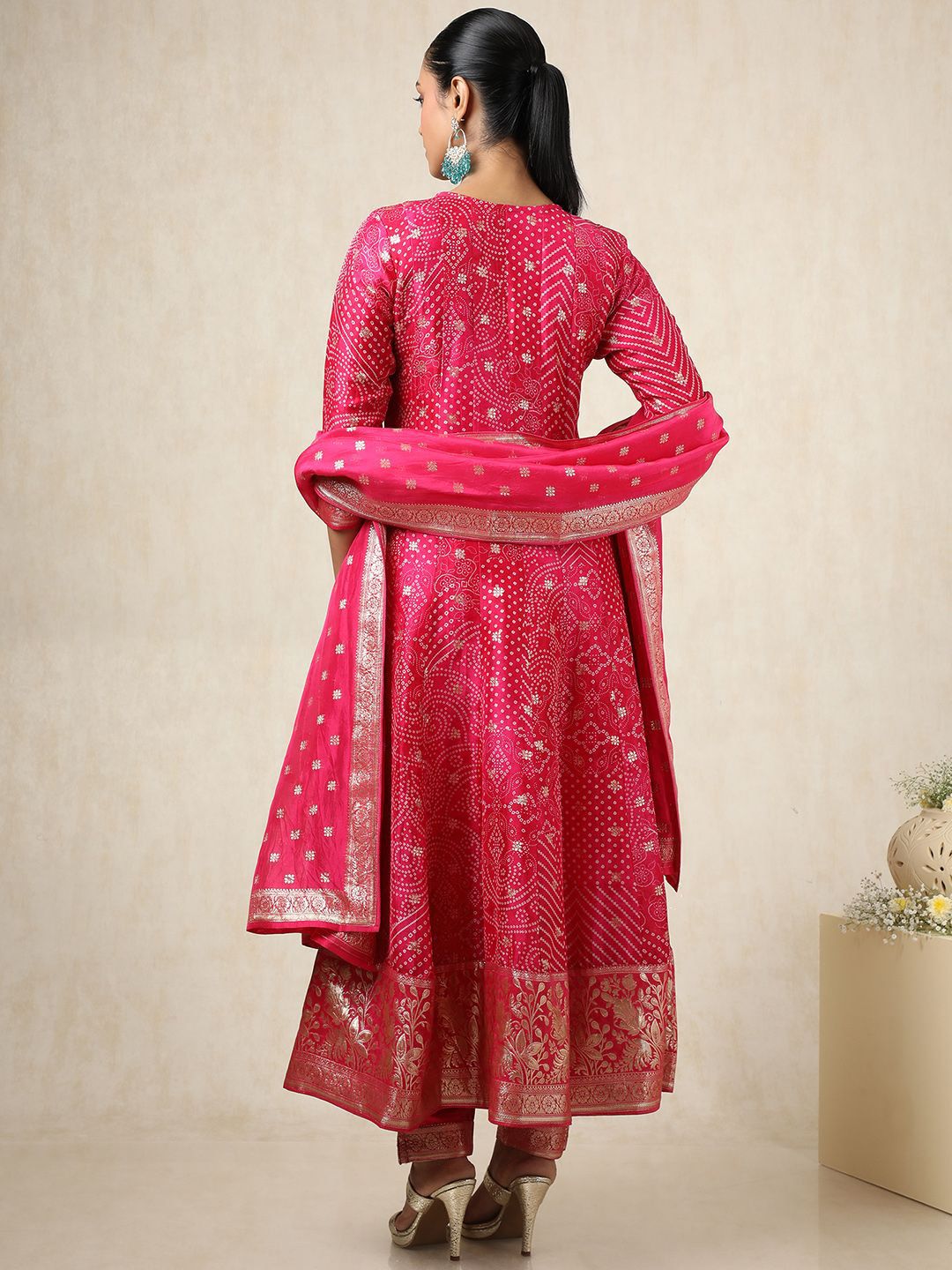 Dhiyona SO Women's Bandhani Printed Thread Work A-Line Kurta With Trousers And Dupatta