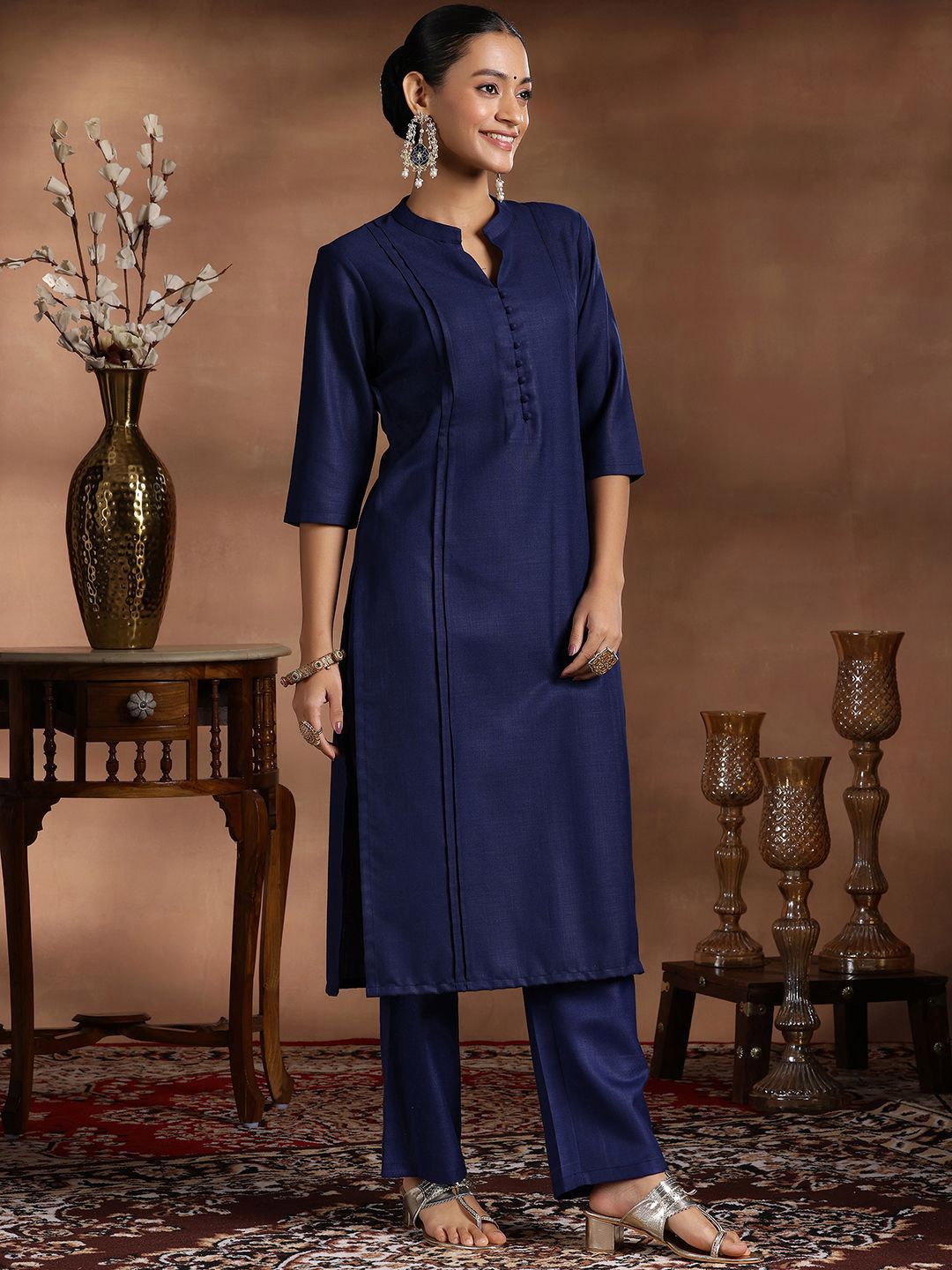 Dhiyona LB Women's Mandarin Collar Pleated Straight Kurta with Trousers & Dupatta