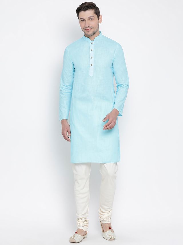 Men's Light Blue Cotton Linen Straight Kurta Pyjama Set