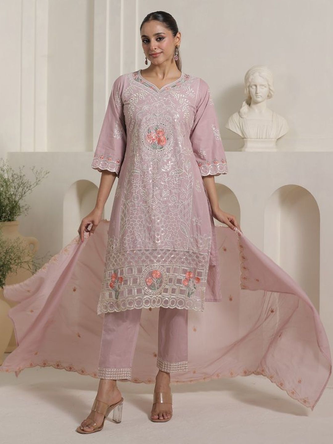 Ethnic Motifs Embroidered Thread Work Pure Cotton Kurta With Trousers & Dupatta