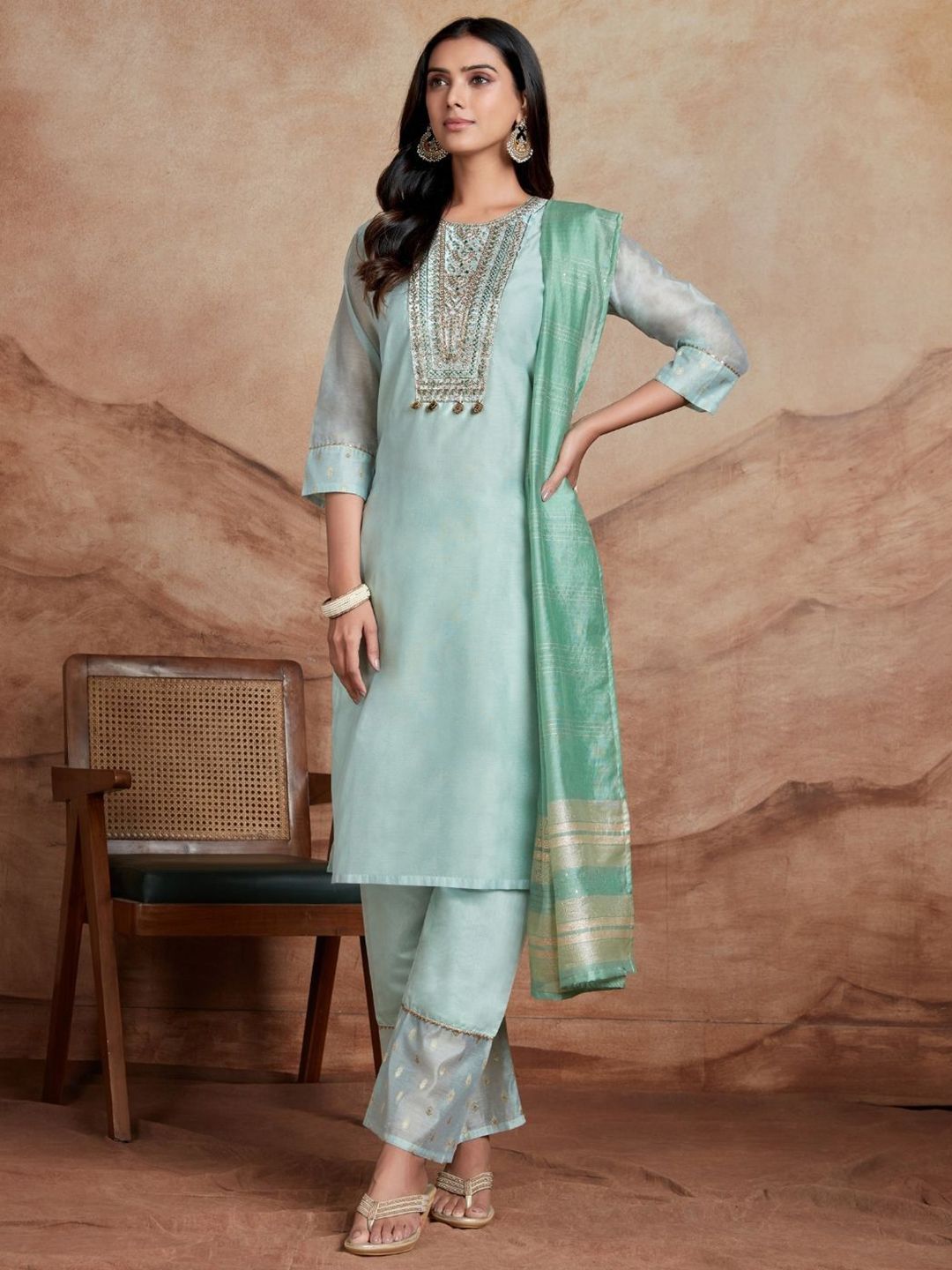 Dhiyona SN Women's Floral Embroidered Sequinned Chanderi Silk Straight Kurta & Palazzo With Dupatta