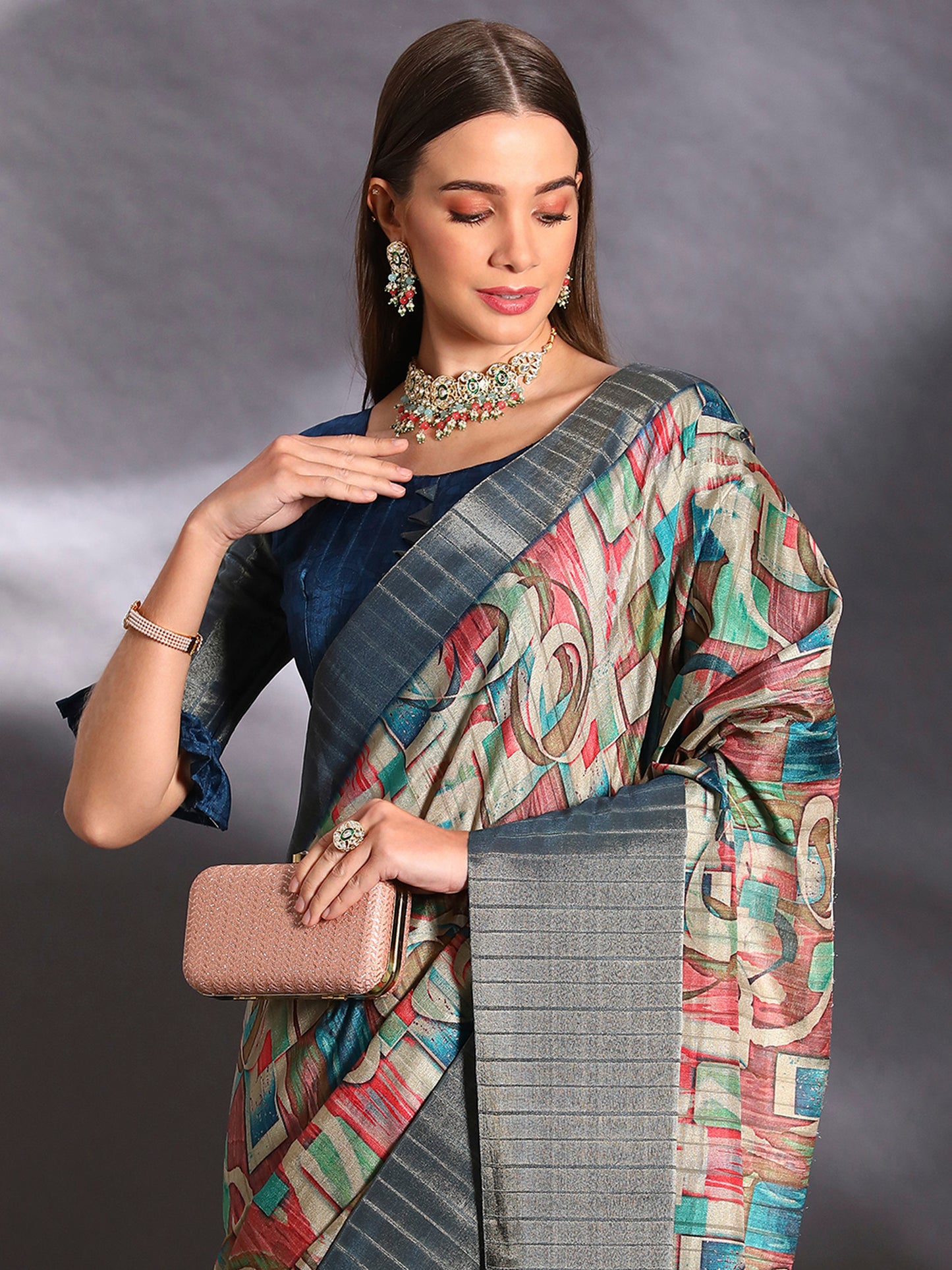 Women's Silk Blend Multicolored Printed Designer Saree With Blouse Piece
