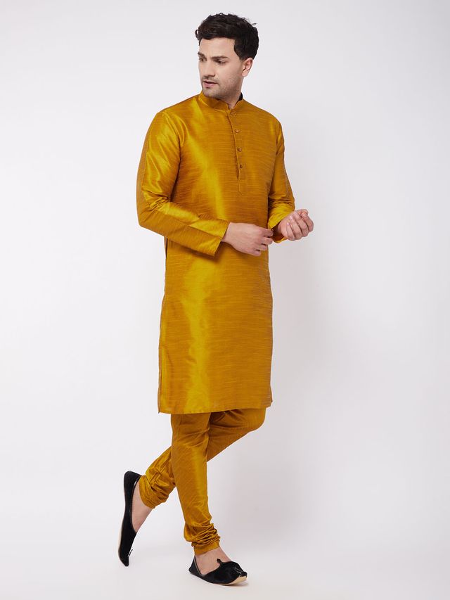 Men's Mustard Silk Blend Straight Kurta Pyjama Set
