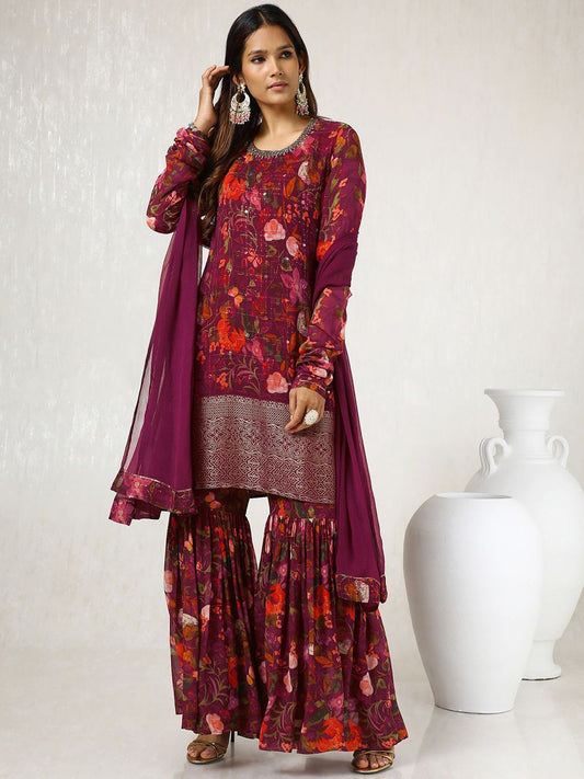 Dhiyona SO Women's Maroon Floral Printed Mirror Work Kurta With Sharara & Dupatta