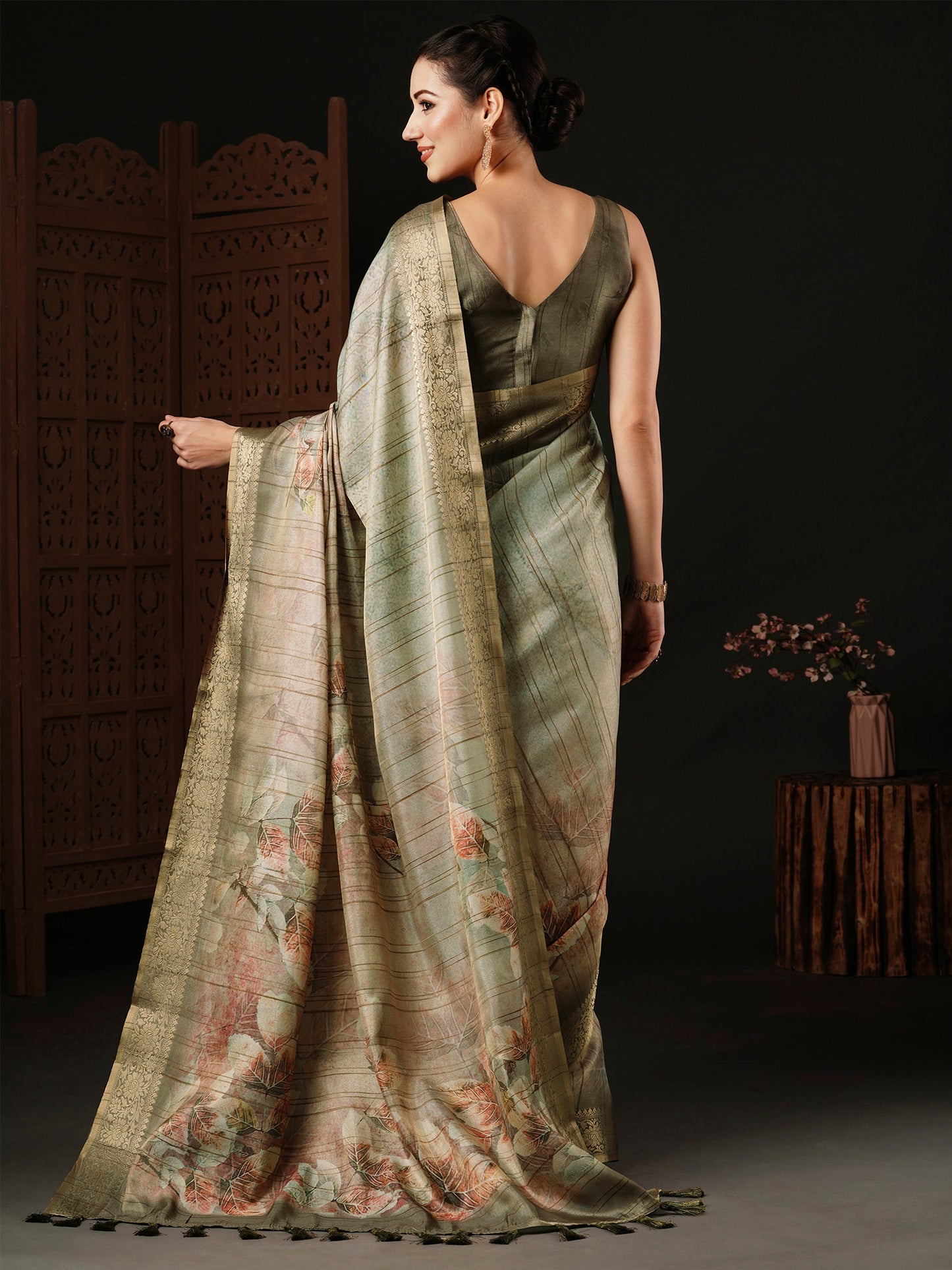Women's Banarasi Silk Sea Green Printed Designer Saree With Blouse Piece