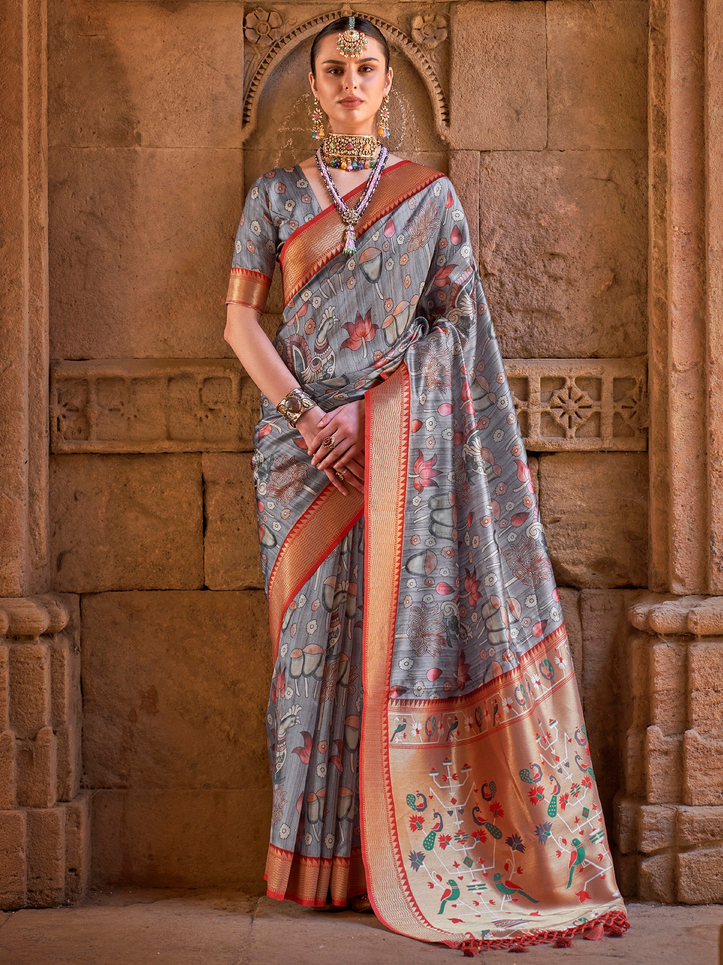 Women's Silk Blend Grey Woven Design Designer Saree With Blouse Piece
