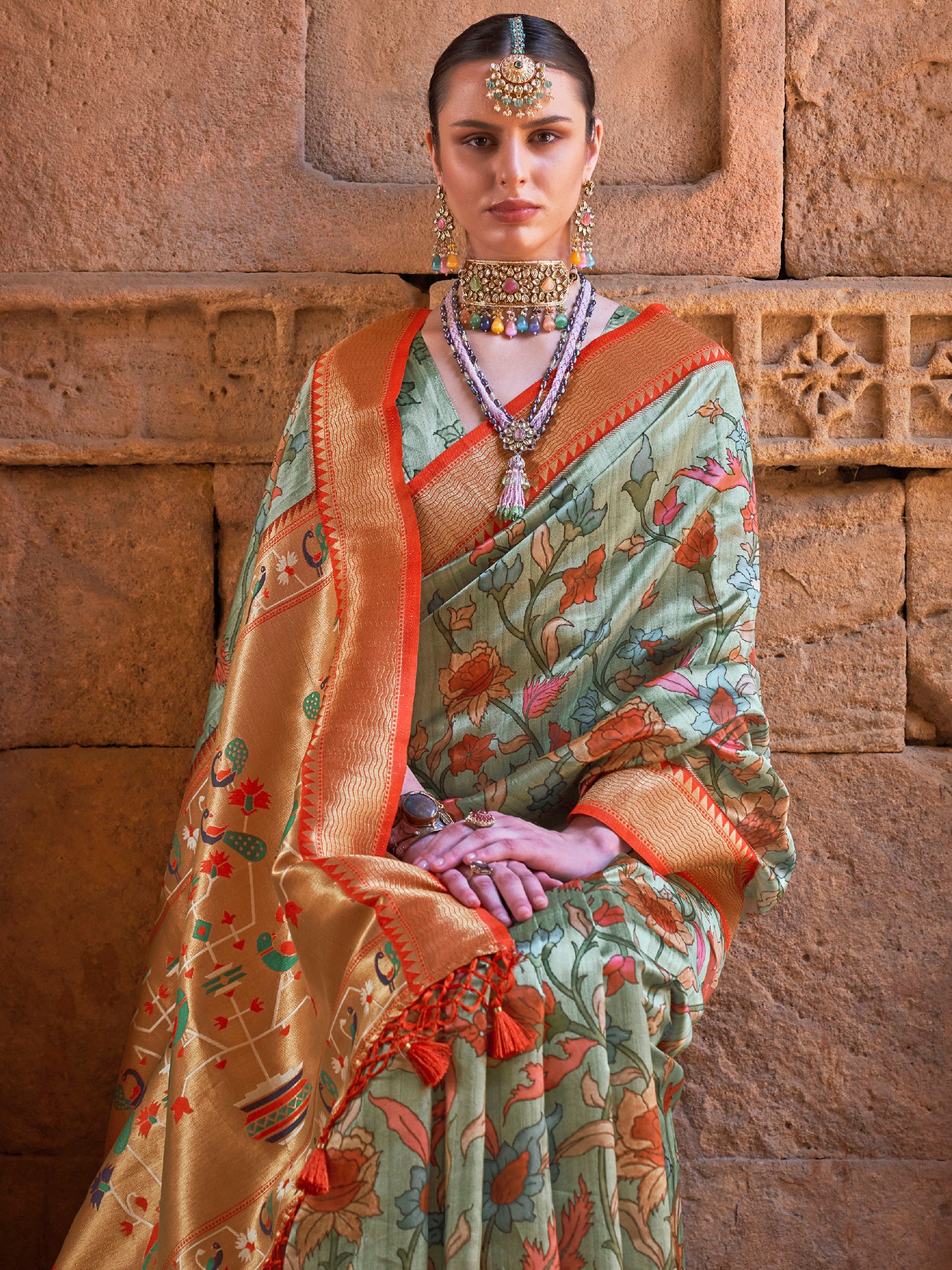 Women's Silk Blend Sea Green Woven Design Designer Saree With Blouse Piece