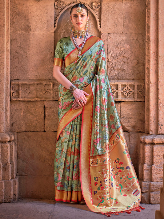 Women's Silk Blend Sea Green Woven Design Designer Saree With Blouse Piece