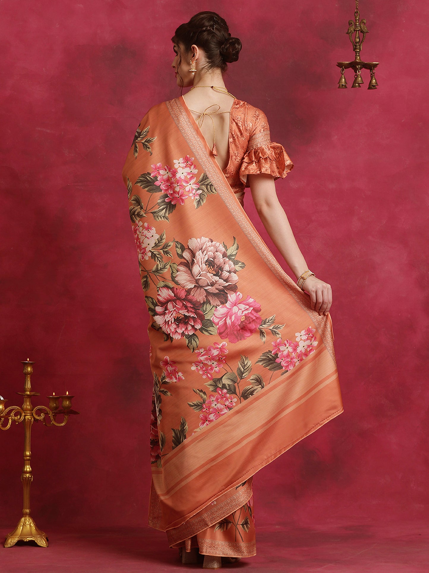 Women's Cotton Blend Orange Printed Designer Saree With Blouse Piece