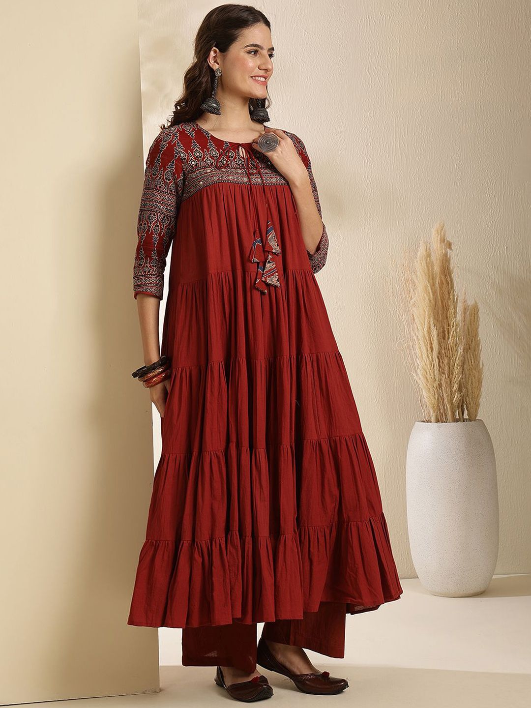 Dhiyona SN Women's Embroidered Pure Cotton Key Hole-Neck Anarkali Kurta With Trouser & Dupatta