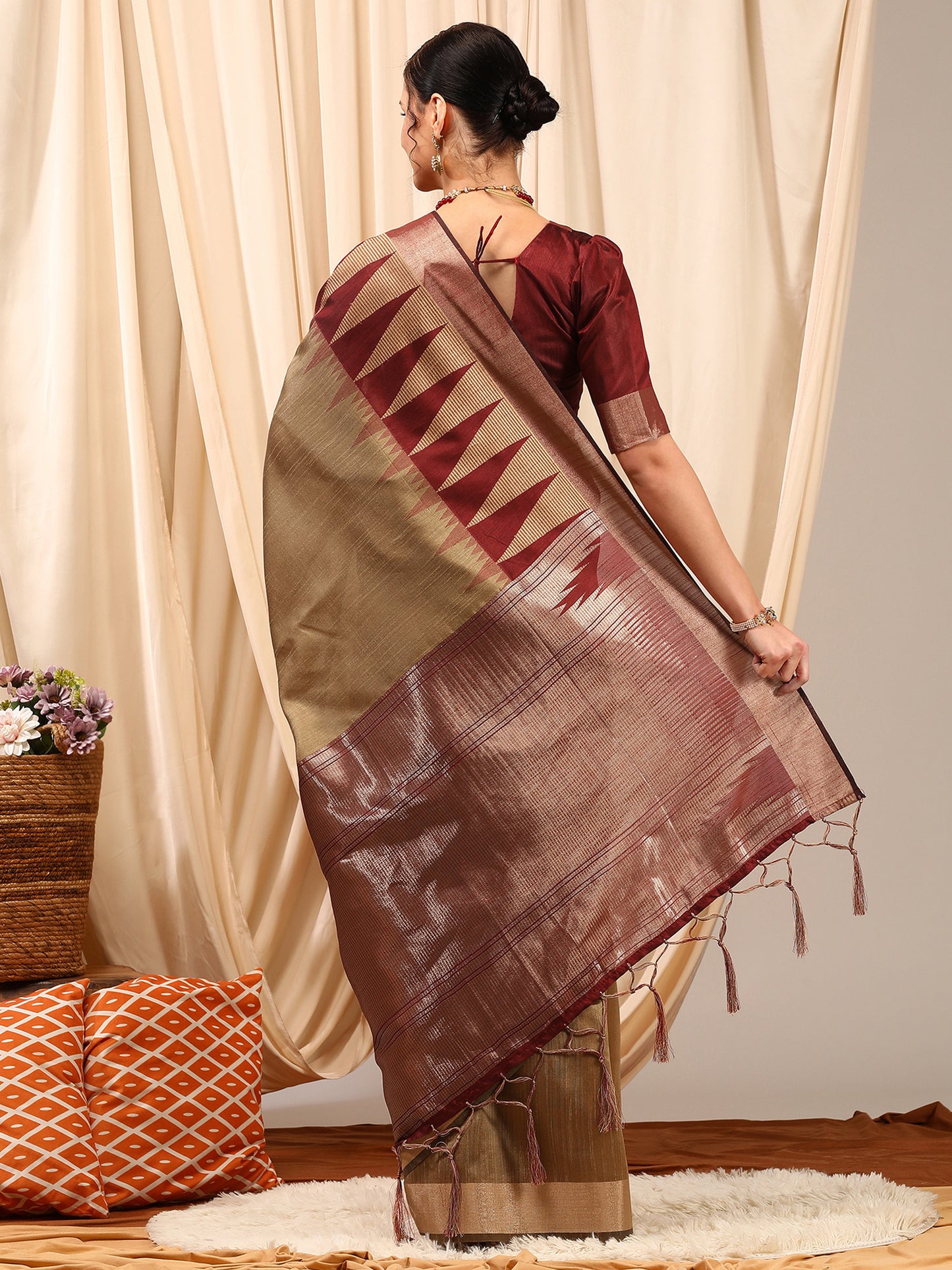 Women's Silk Cotton Beige Woven Design Designer Saree With Blouse Piece
