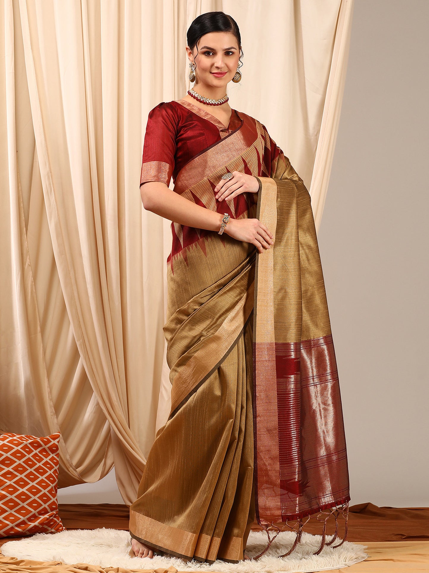 Women's Silk Cotton Beige Woven Design Designer Saree With Blouse Piece