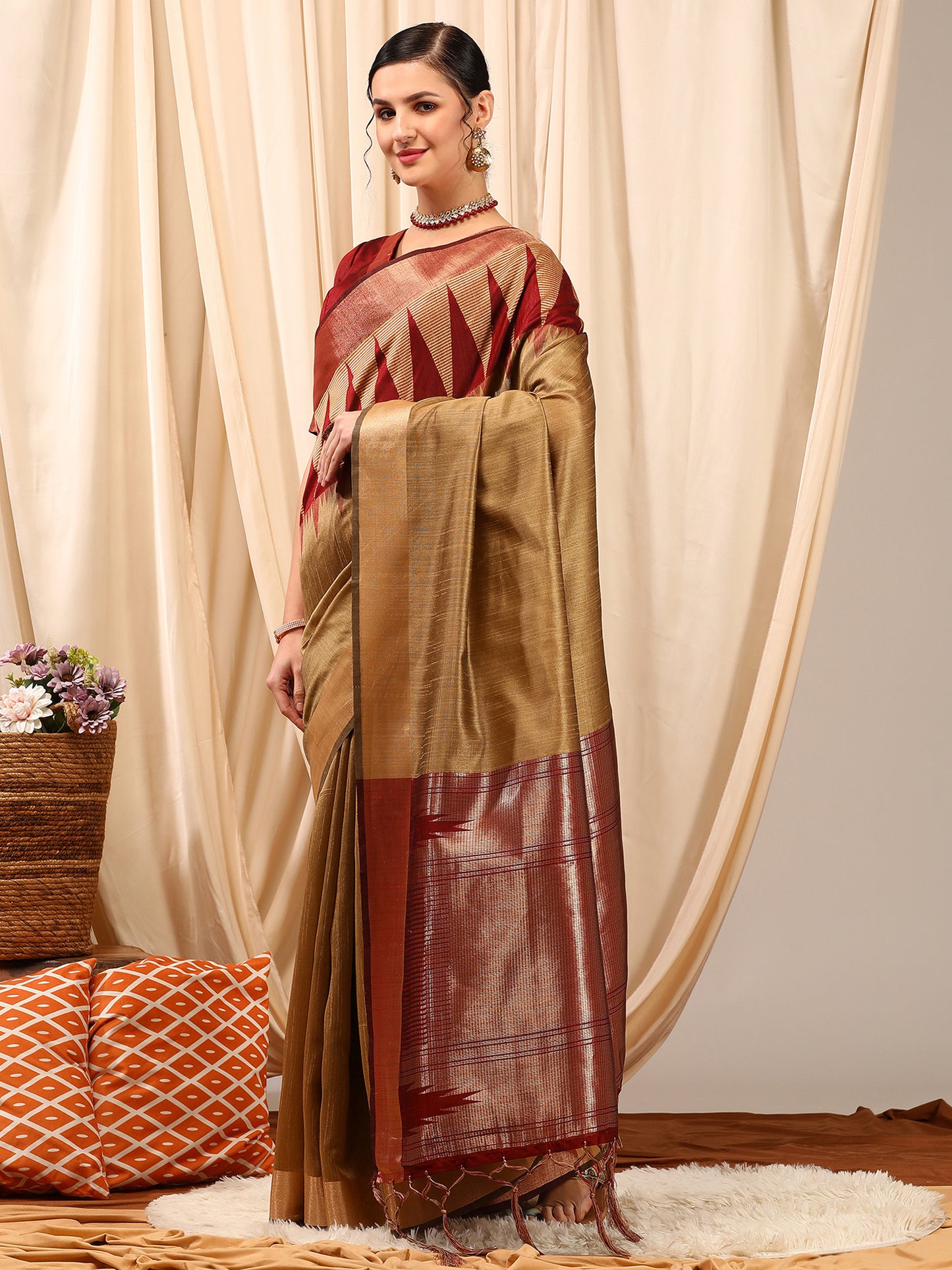Women's Silk Cotton Beige Woven Design Designer Saree With Blouse Piece