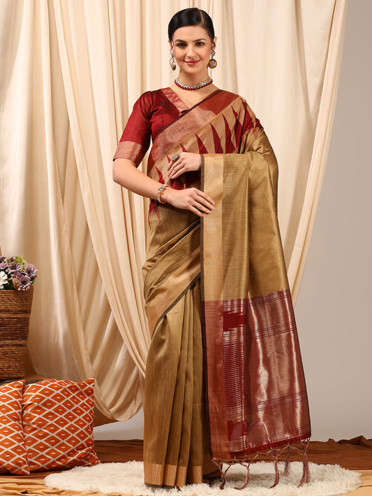 Women's Silk Cotton Beige Woven Design Designer Saree With Blouse Piece