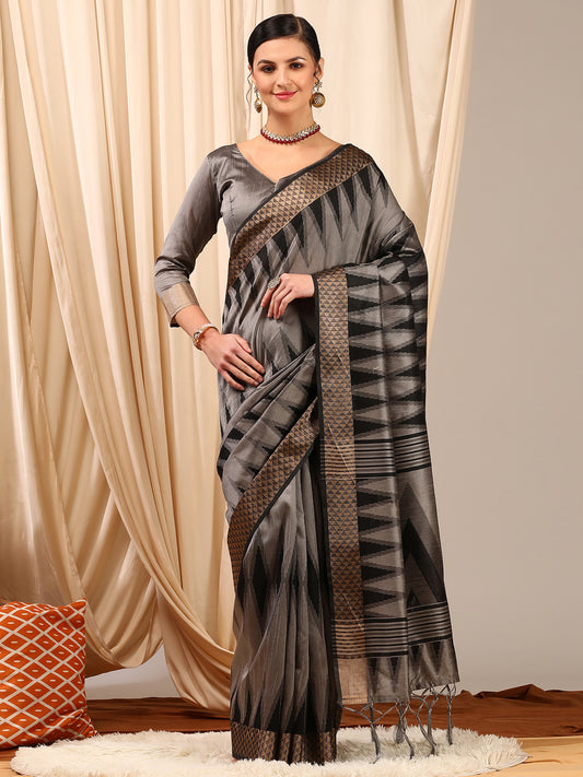 Women's Silk Cotton Grey Woven Design Designer Saree With Blouse Piece
