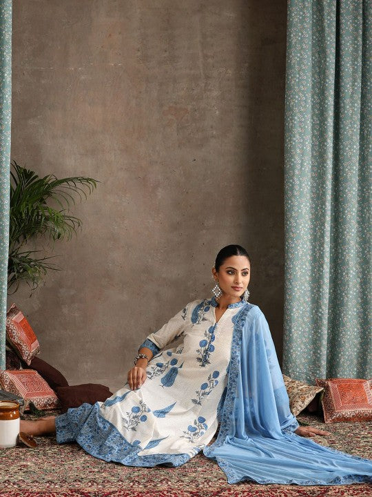 Women's Floral Printed Notch Neck Pure Cotton A-Line Kurta with Palazzos & Dupatta