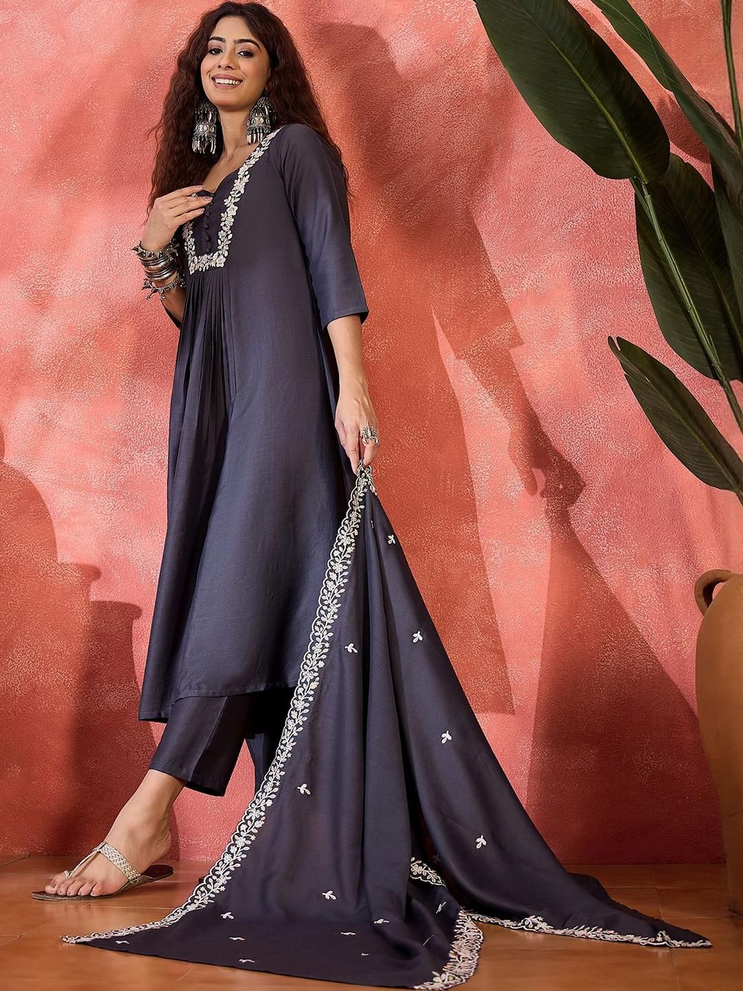 Dhiyona SN Women's Floral Yoke Design Thread Work A-Line Kurta With Trouser And Dupatta