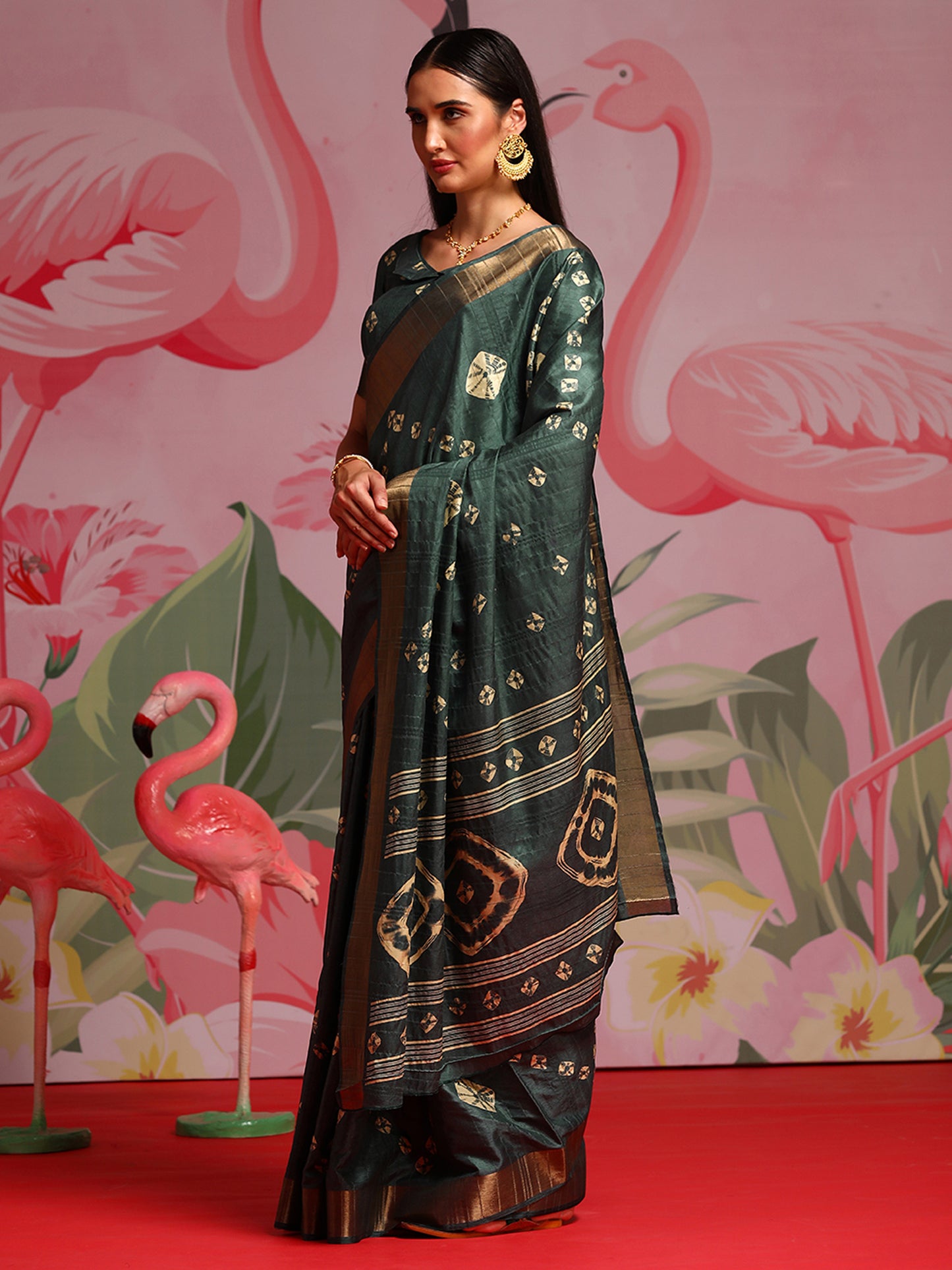 Women's Silk Blend Teal green Printed Designer Saree With Blouse Piece