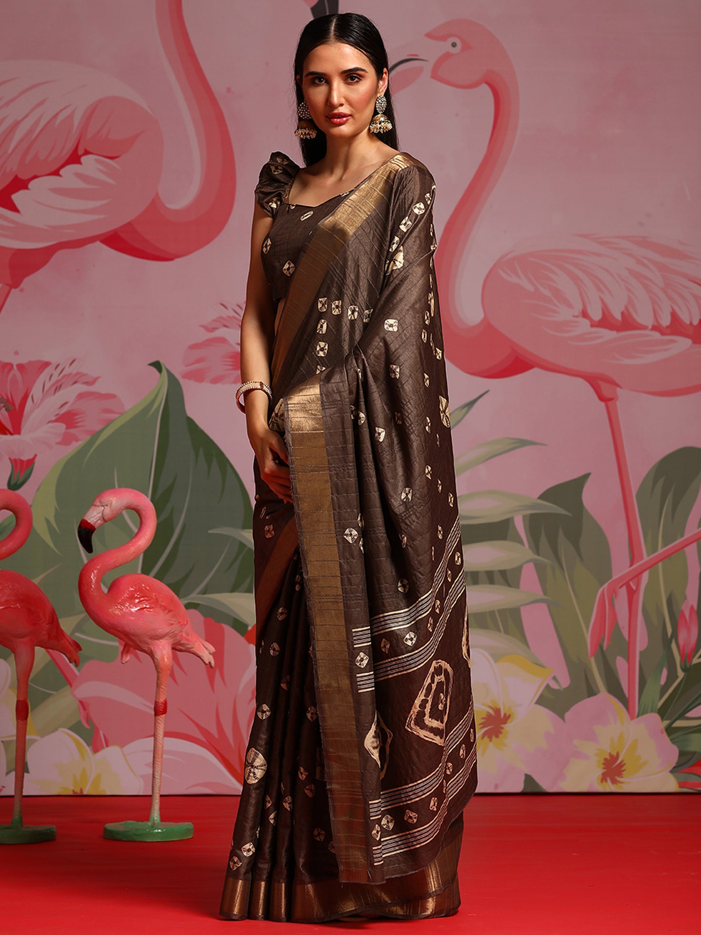 Women's Silk Blend Brown Printed Designer Saree With Blouse Piece