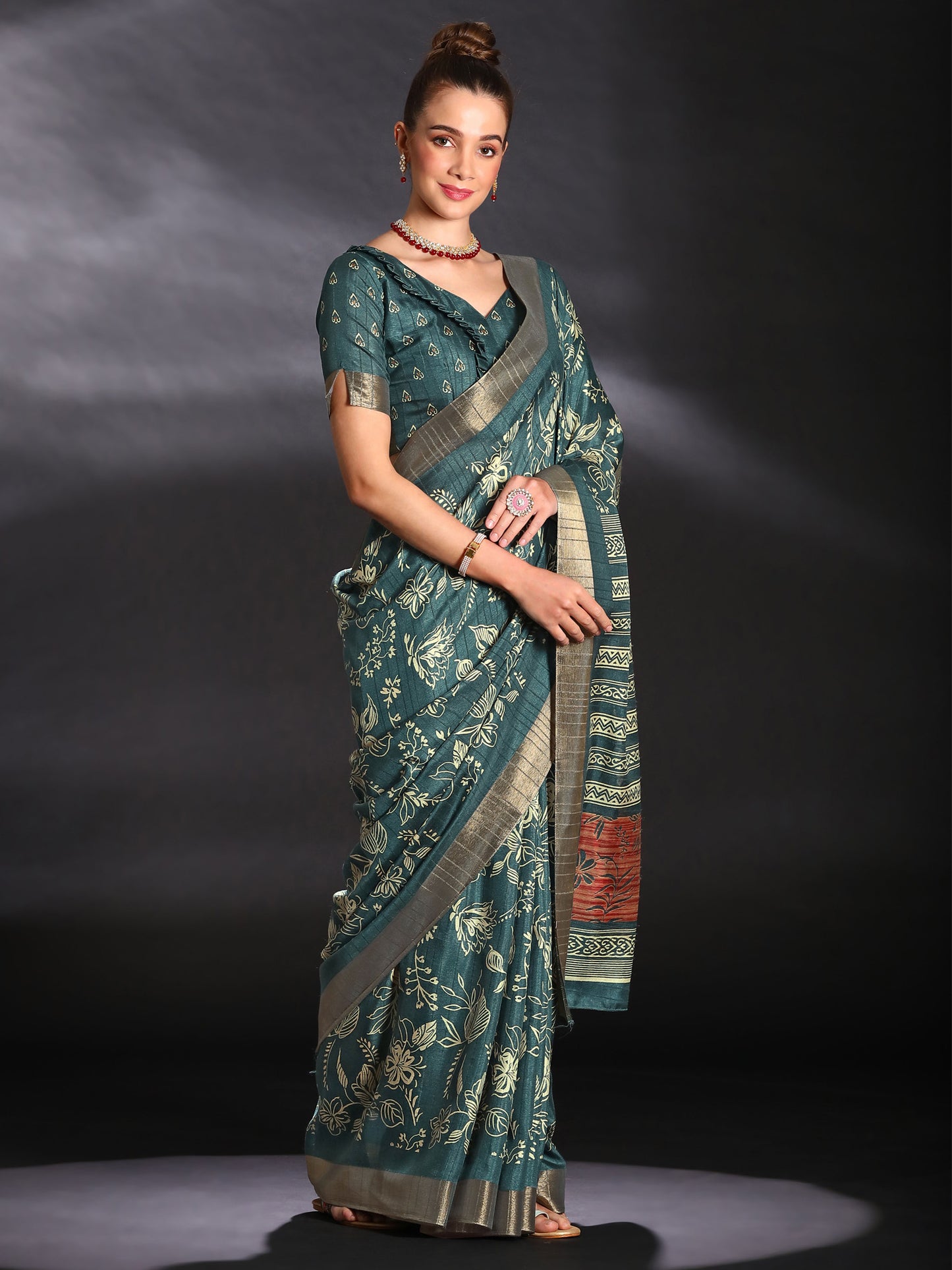 Women's Silk Blend Teal blue Printed Designer Saree With Blouse Piece