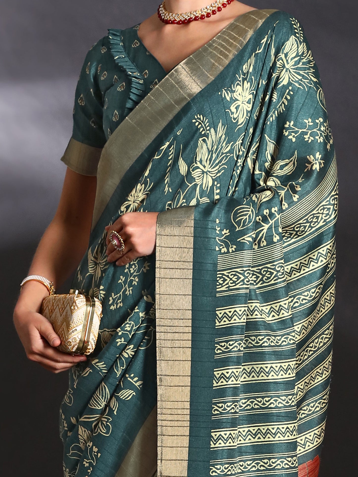 Women's Silk Blend Teal blue Printed Designer Saree With Blouse Piece