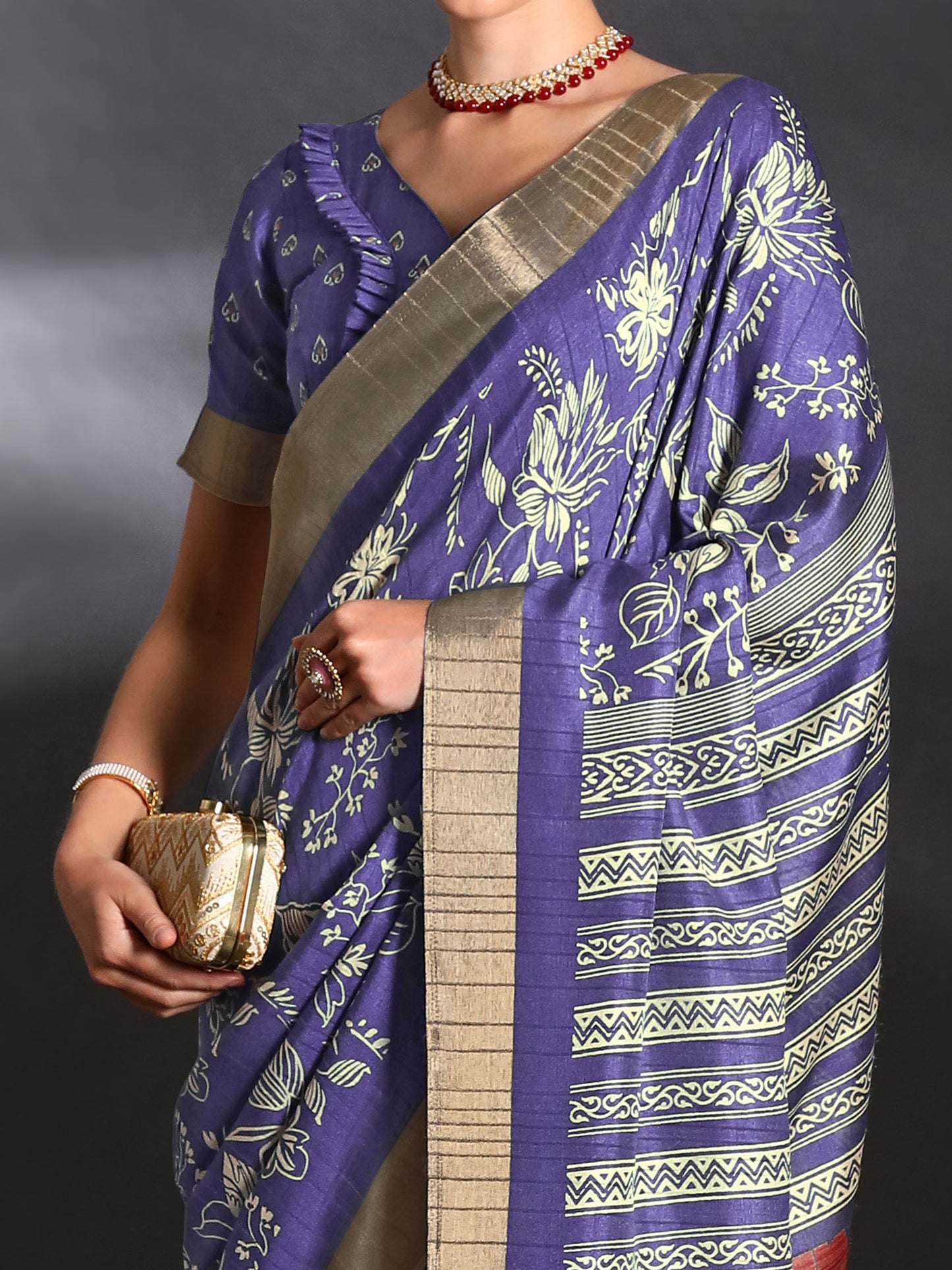 Women's Silk Blend Purple Printed Designer Saree With Blouse Piece