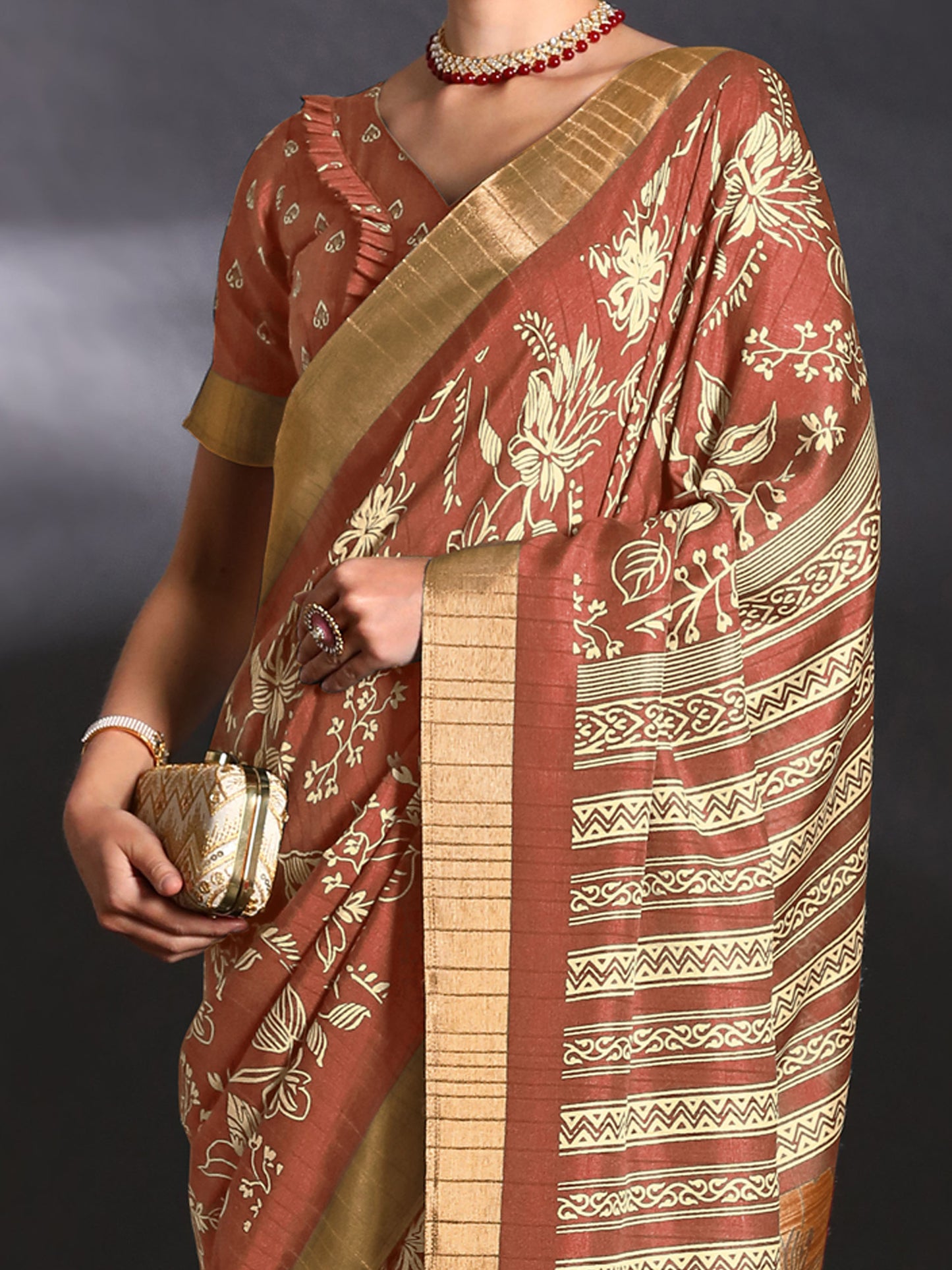 Women's Silk Blend Brown Printed Designer Saree With Blouse Piece