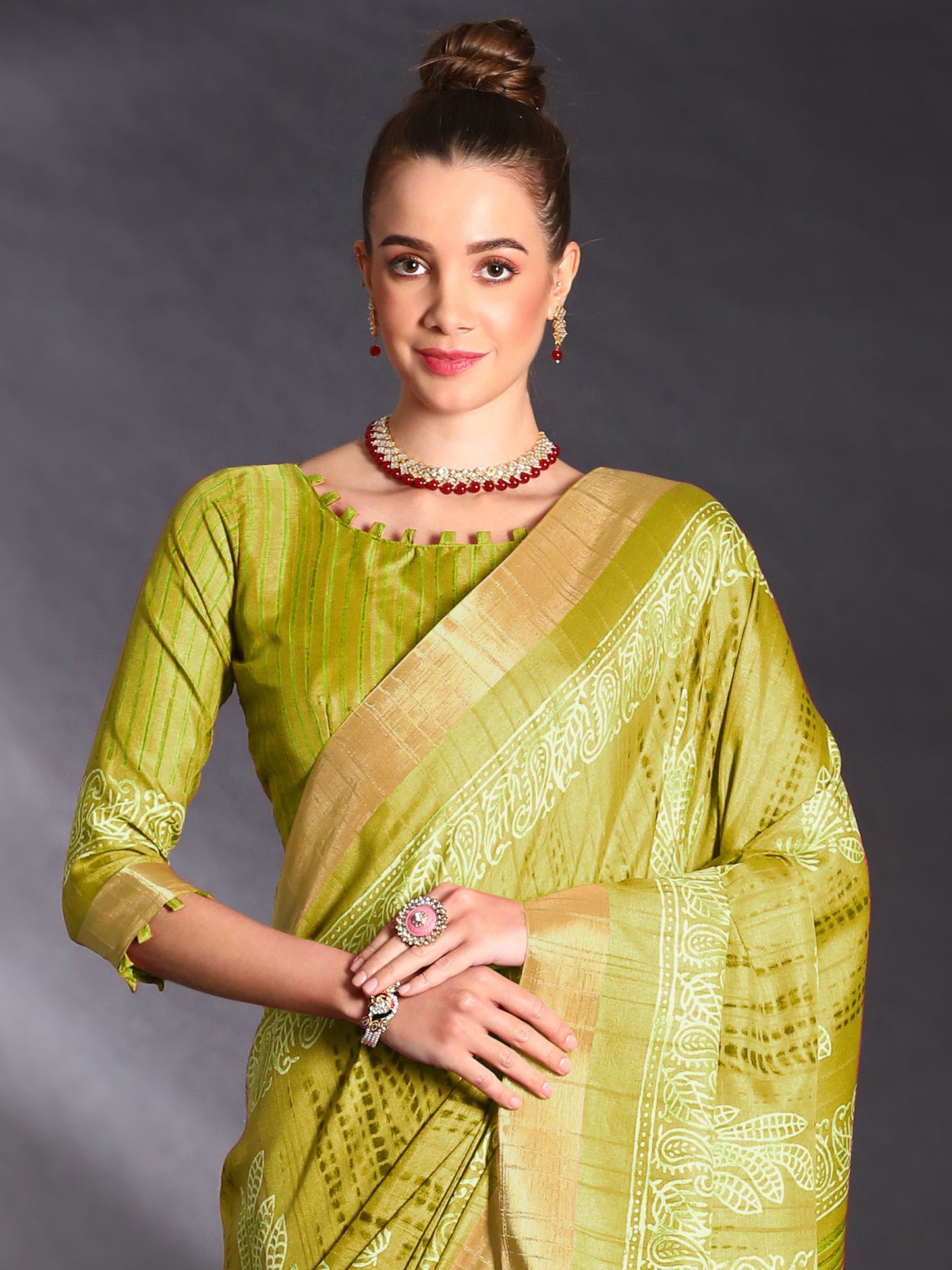 Women's Silk Blend Light Green Printed Designer Saree With Blouse Piece