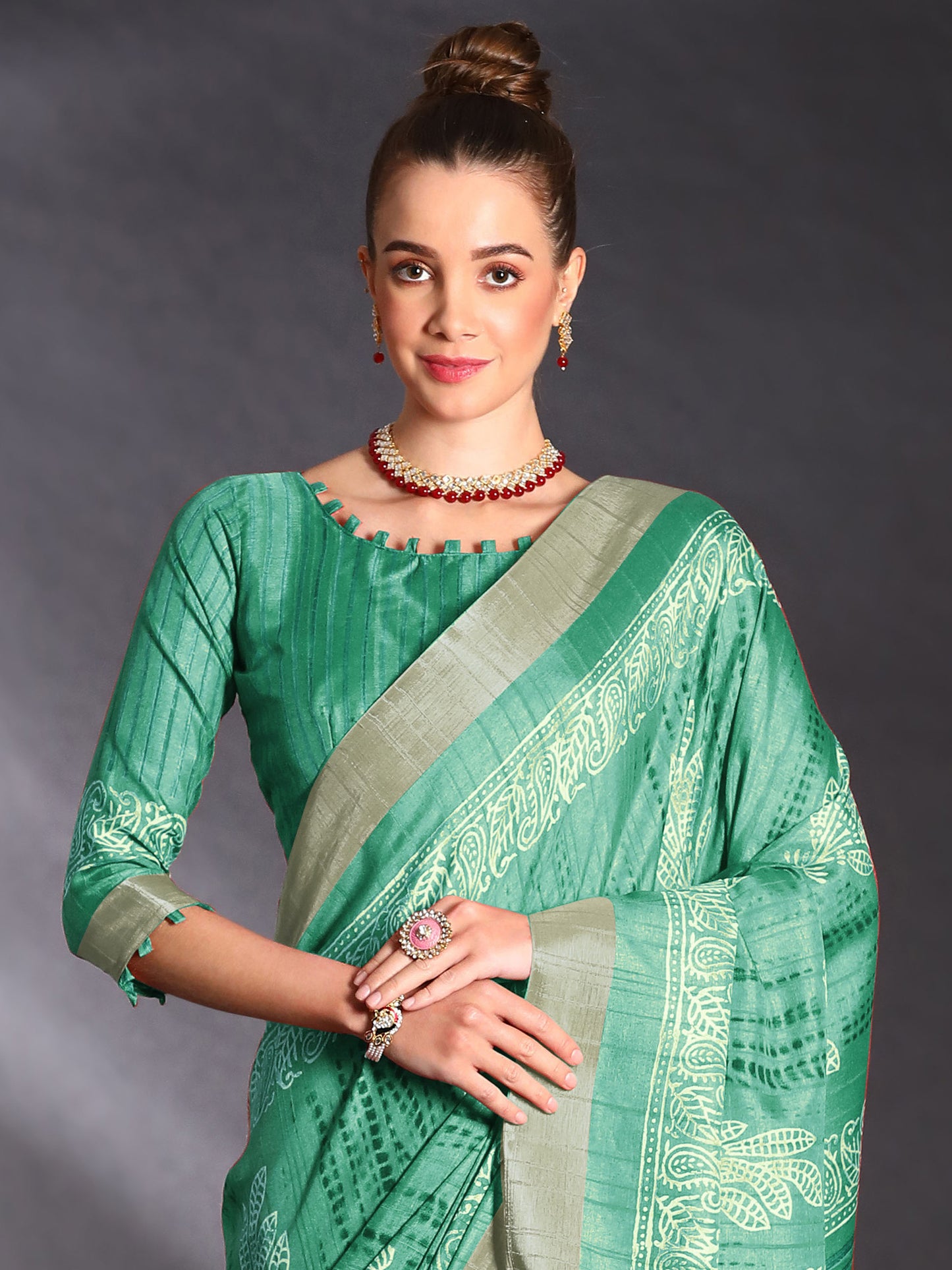 Women's Silk Blend Sea Green Printed Designer Saree With Blouse Piece
