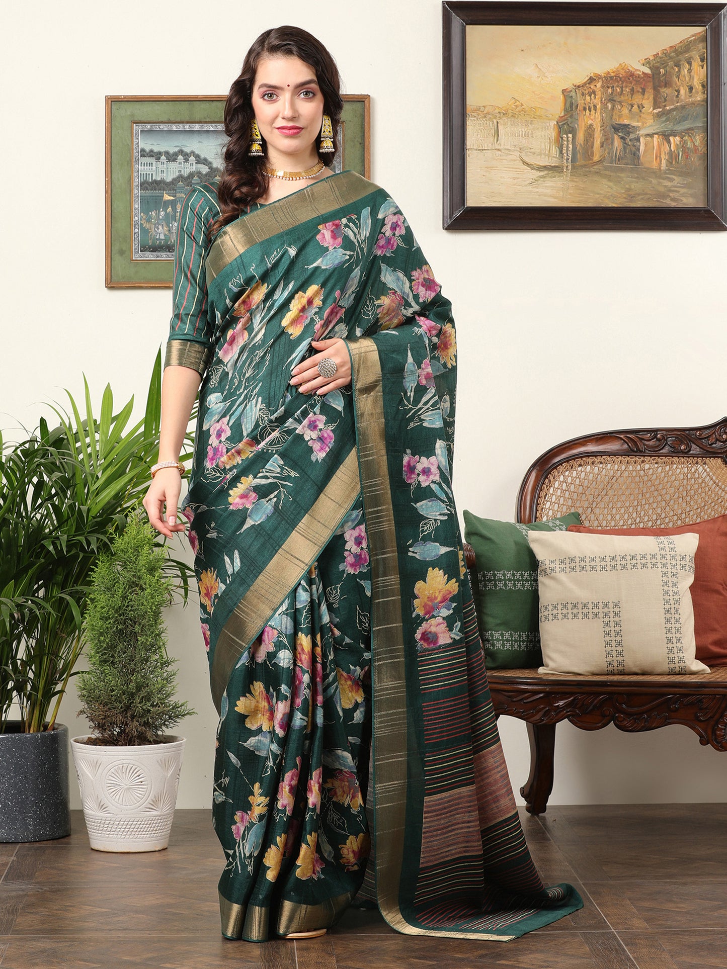 Women's Silk Blend Teal green Printed Designer Saree With Blouse Piece