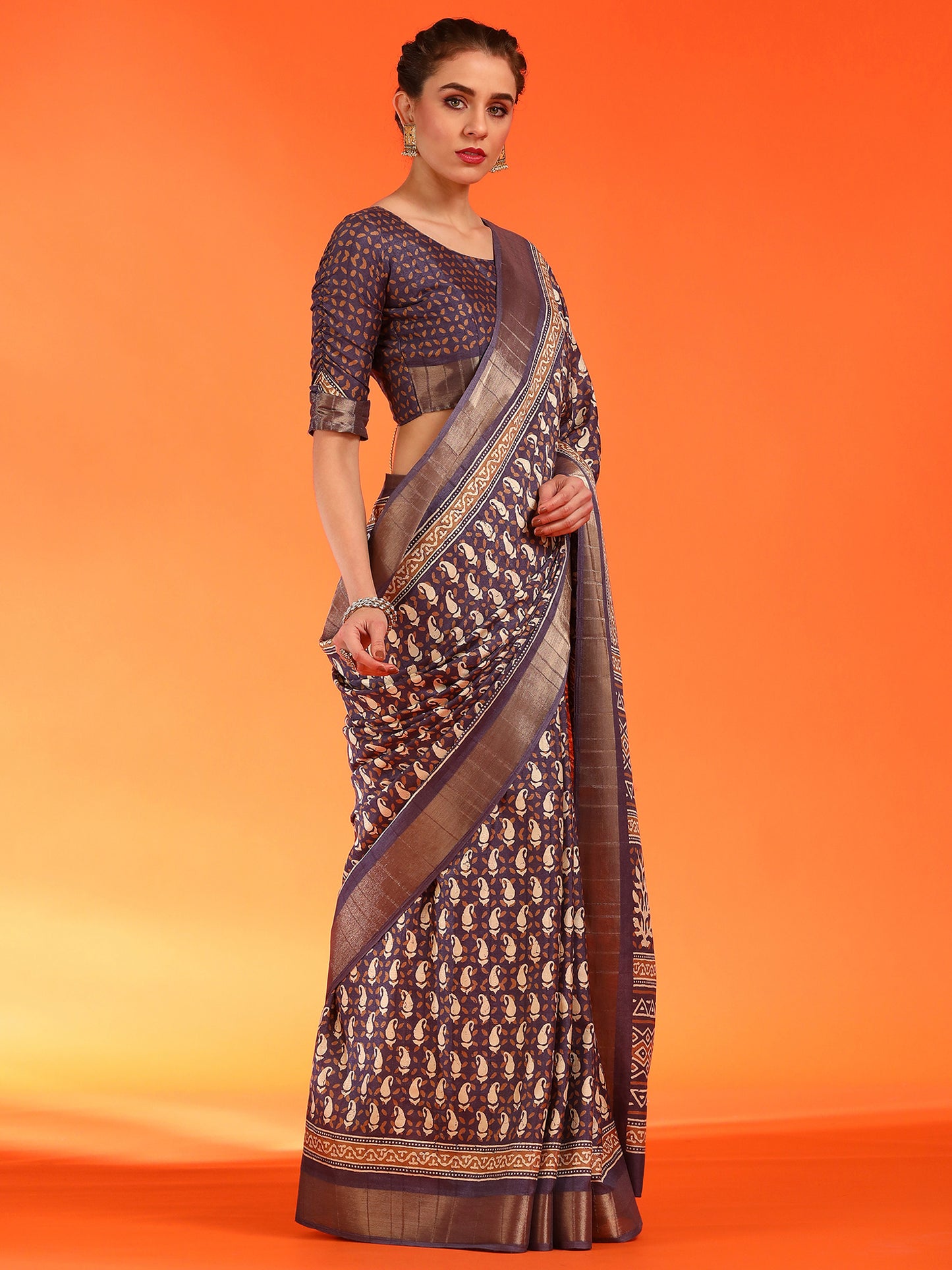 Women's Silk Blend Purple Printed Designer Saree With Blouse Piece