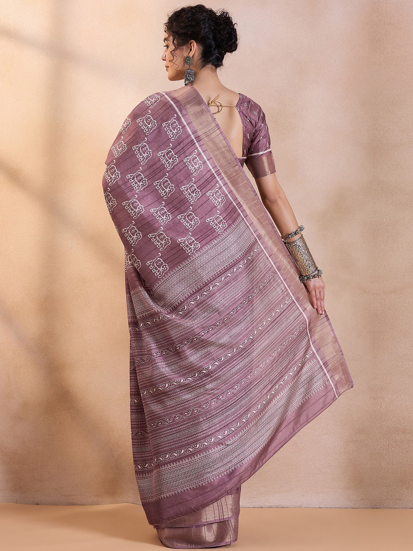 Women's Silk Blend Mauve Printed Designer Saree With Blouse Piece
